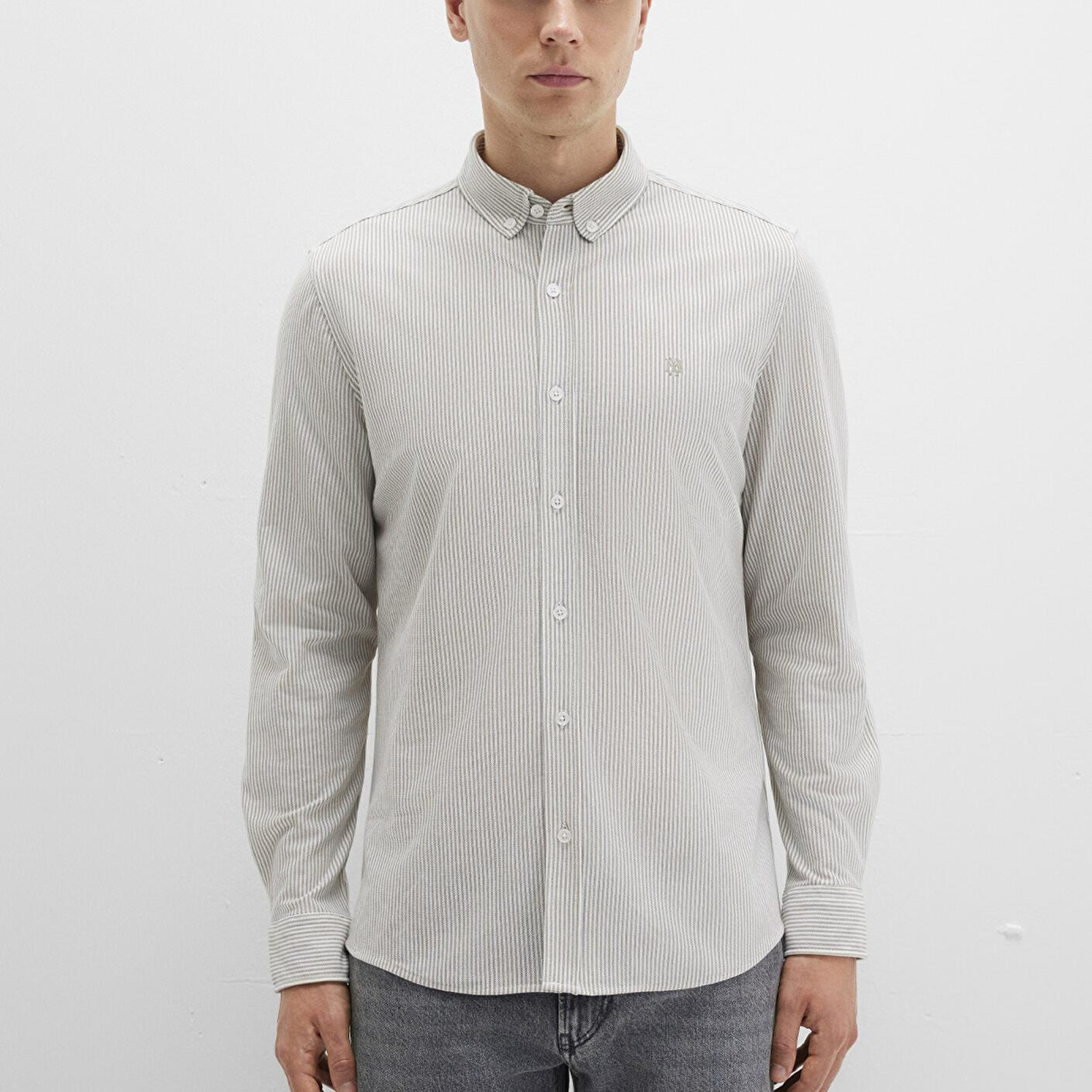 Mavi Çizgili Haki Gömlek Slim Fit / Dar Kesim 0211402-91332