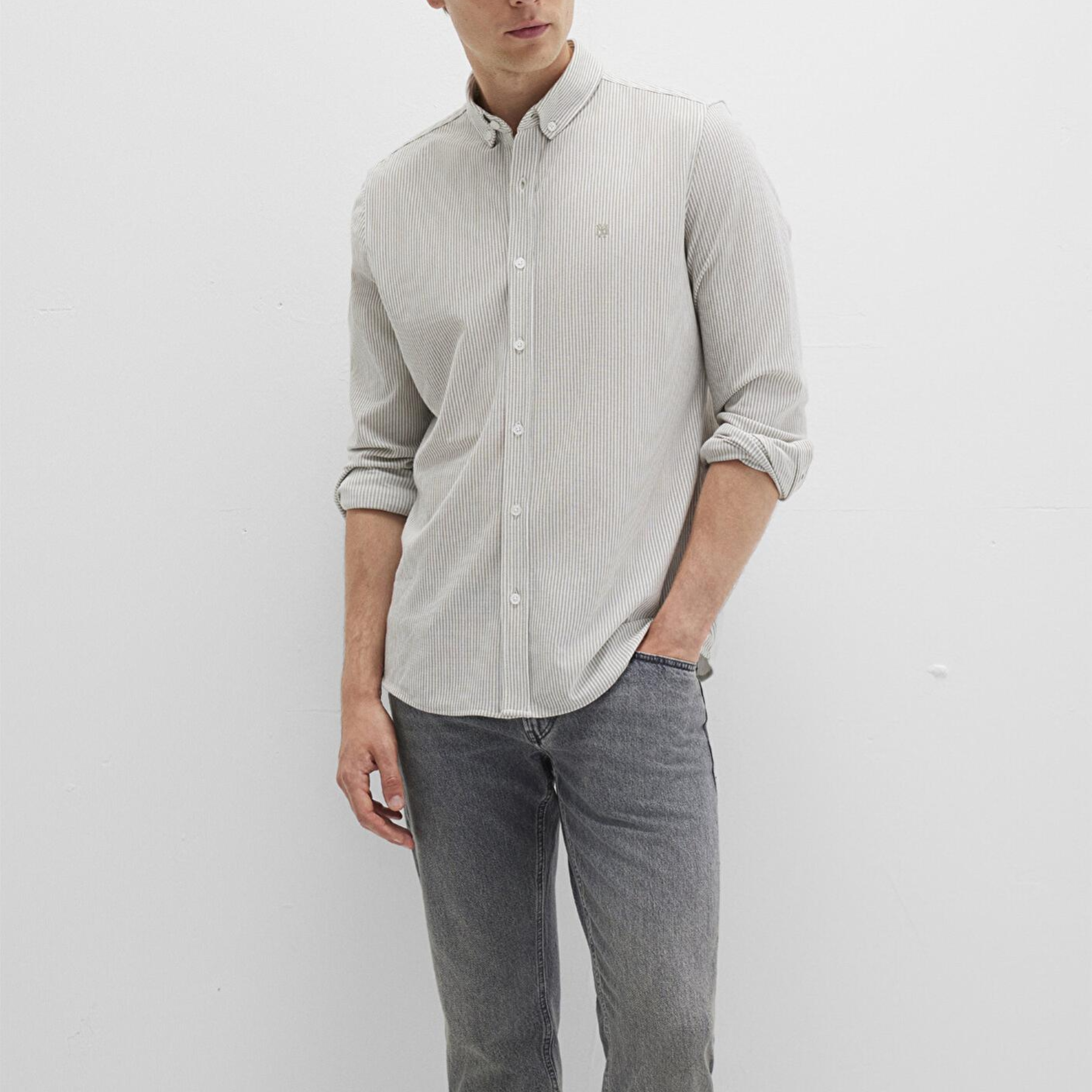 Mavi Çizgili Haki Gömlek Slim Fit / Dar Kesim 0211402-91332