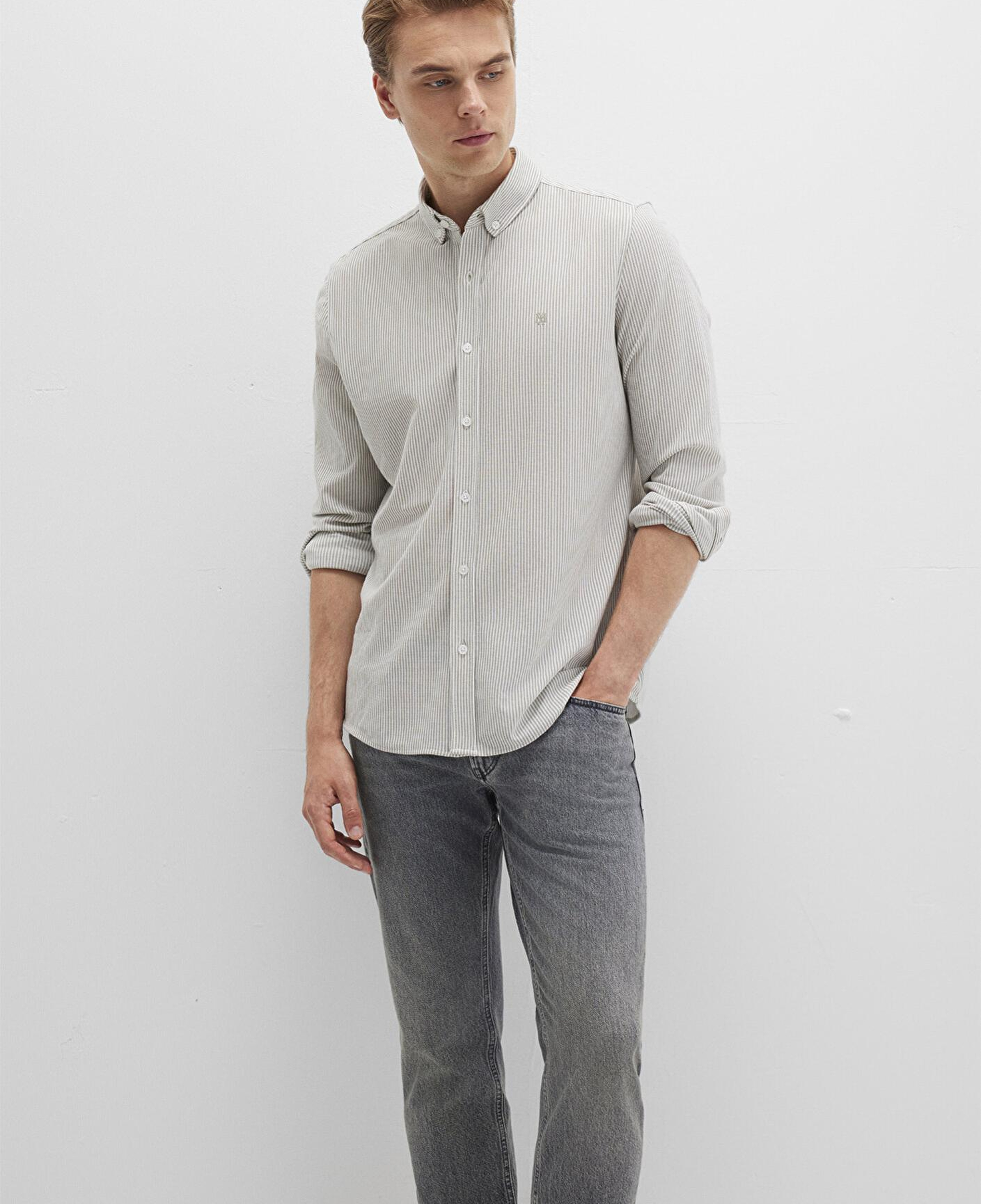 Mavi Çizgili Haki Gömlek Slim Fit / Dar Kesim 0211402-91332