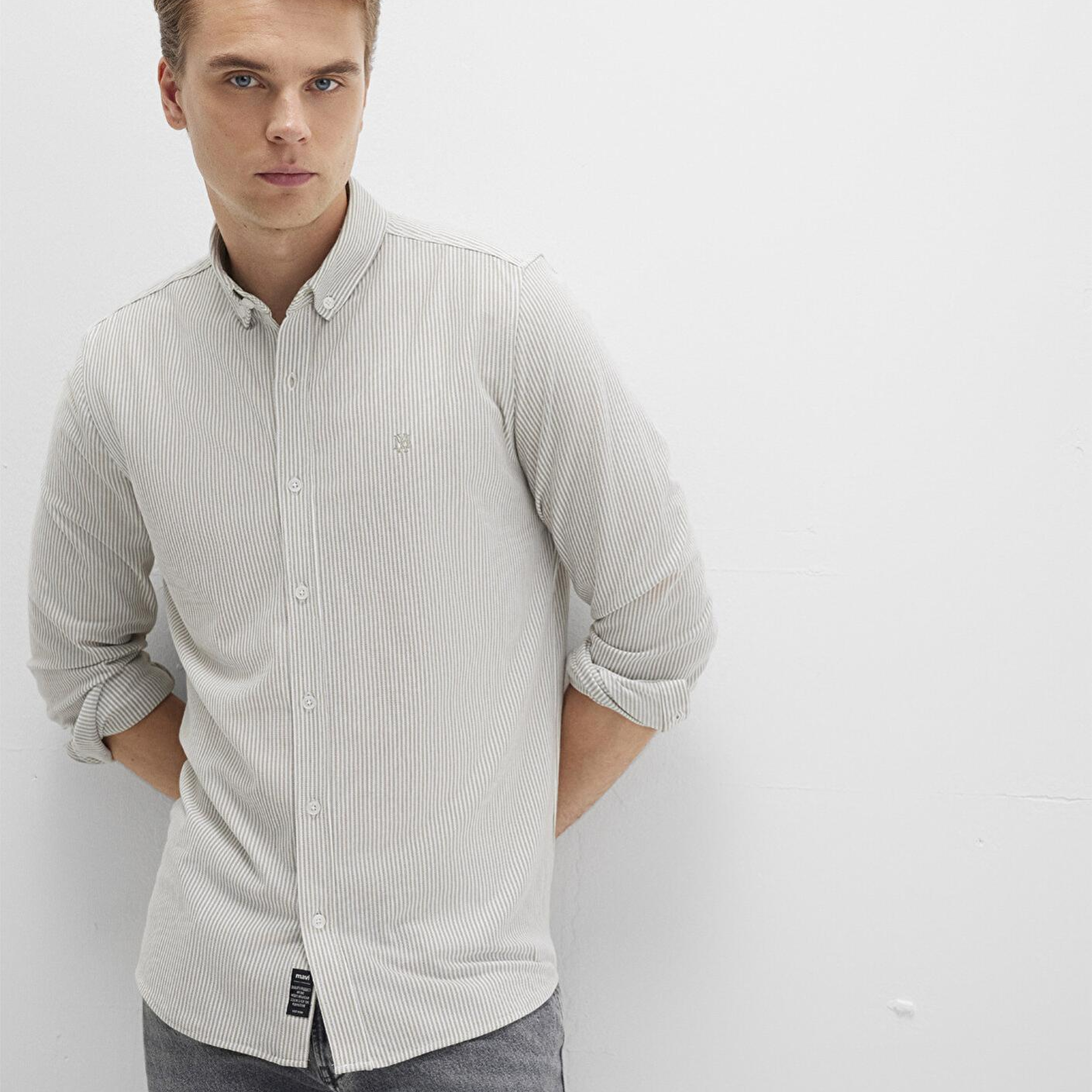 Mavi Çizgili Haki Gömlek Slim Fit / Dar Kesim 0211402-91332