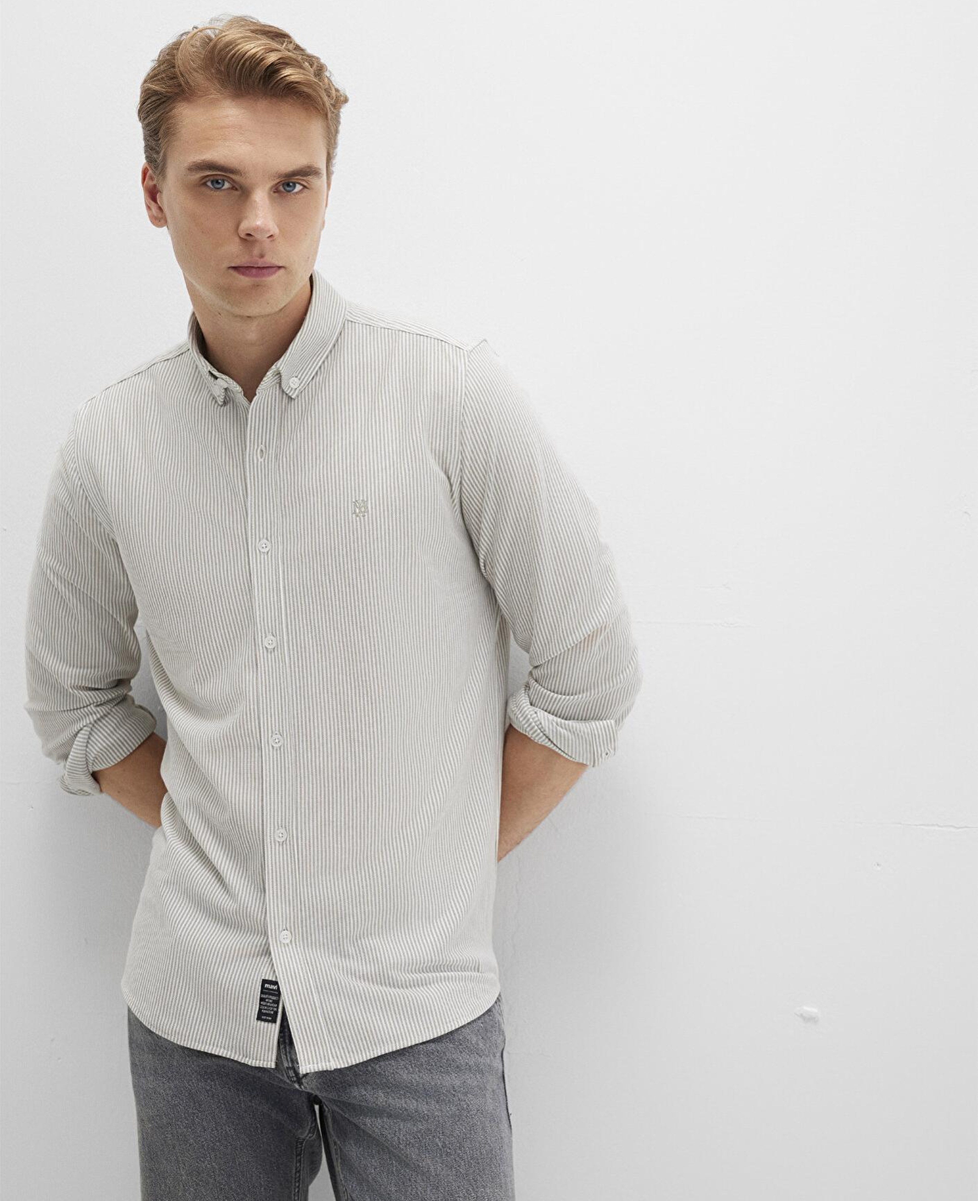 Mavi Çizgili Haki Gömlek Slim Fit / Dar Kesim 0211402-91332