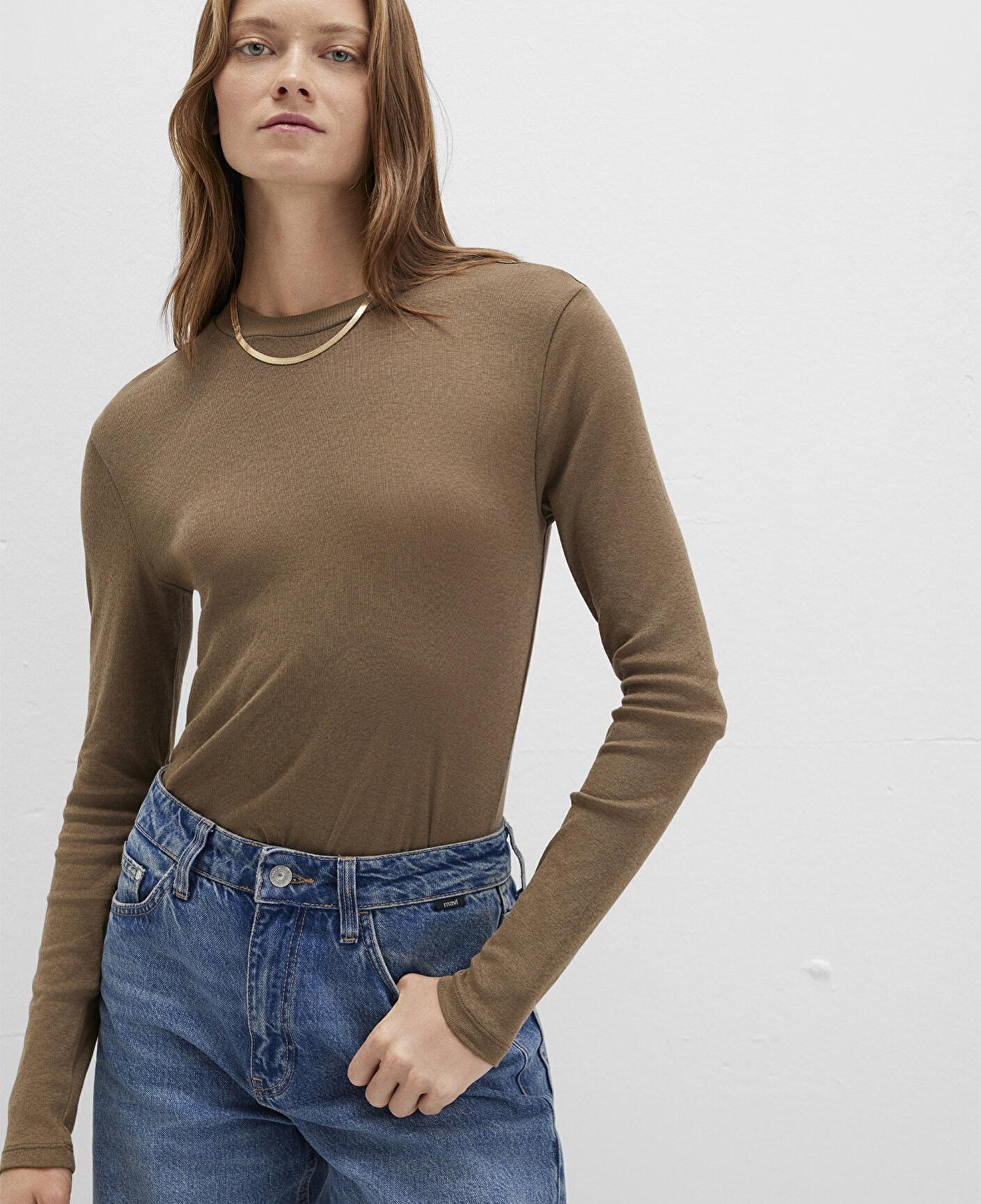 Mavi Uzun Kollu Kahverengi Tişört Slim Fit / Dar Kesim 1613352-71590