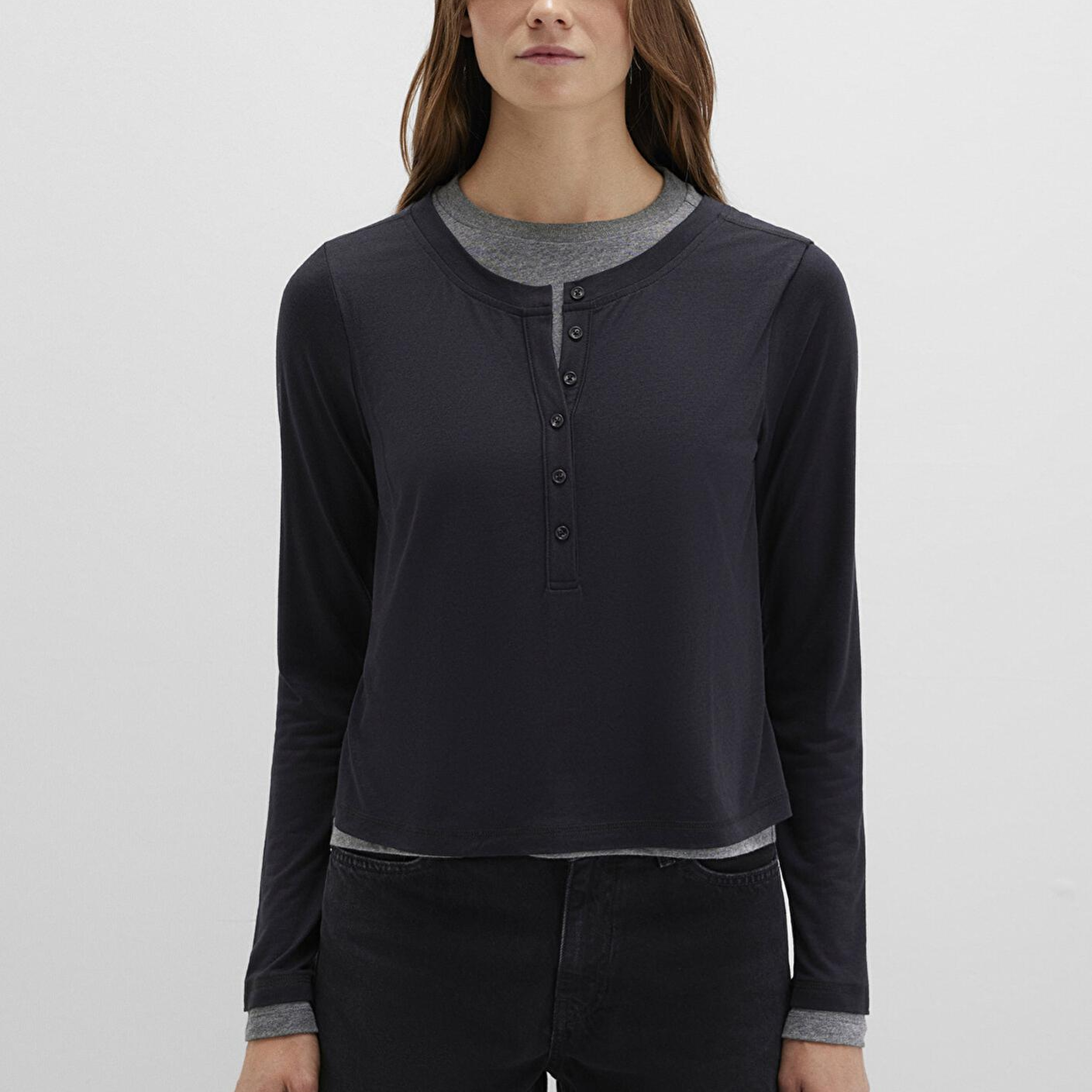 Mavi Yün Karışımlı Çift Katlı Siyah Uzun Kollu Tişört Semi Slim Fit / Yarı Dar Kesim 1613400-900