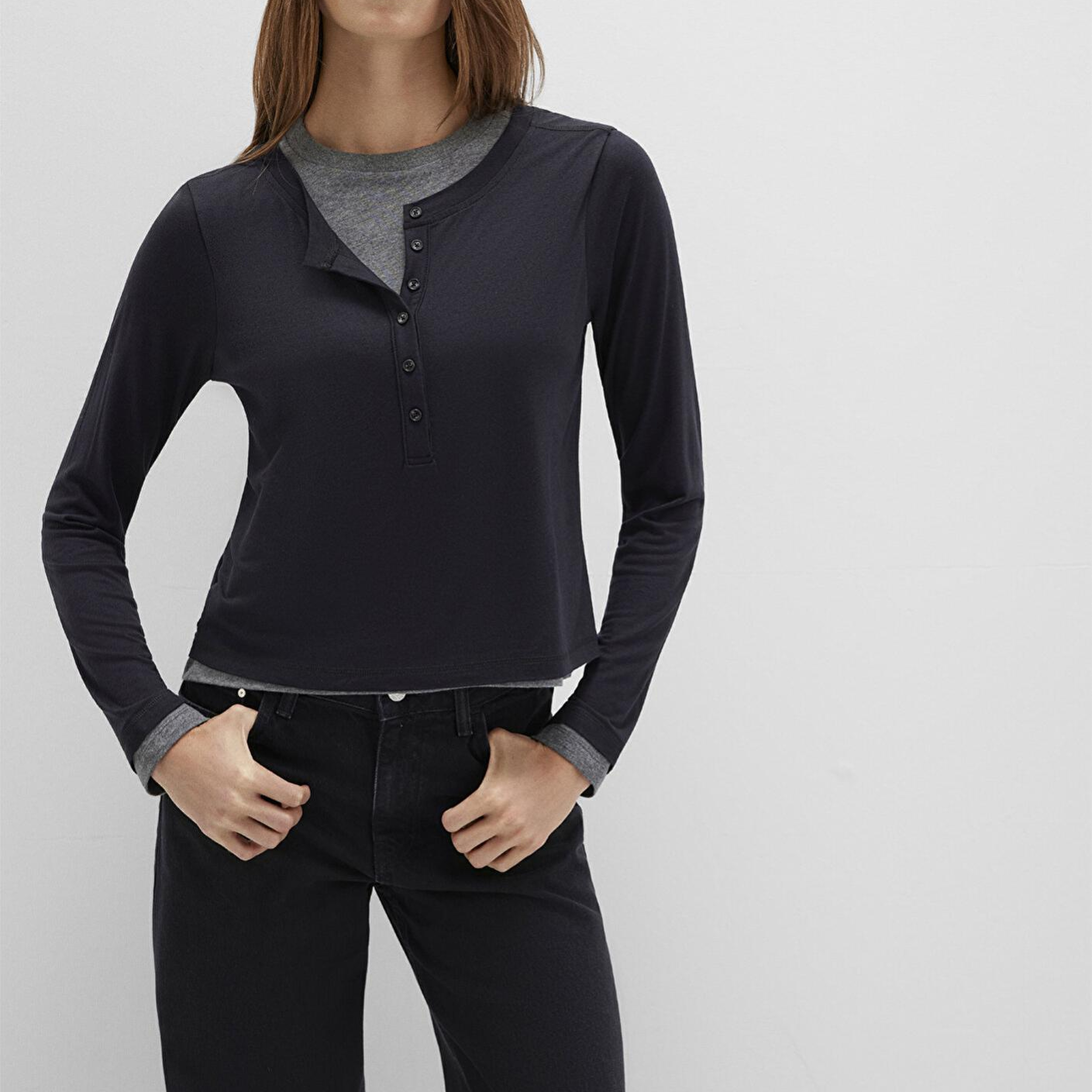 Mavi Yün Karışımlı Çift Katlı Siyah Uzun Kollu Tişört Semi Slim Fit / Yarı Dar Kesim 1613400-900