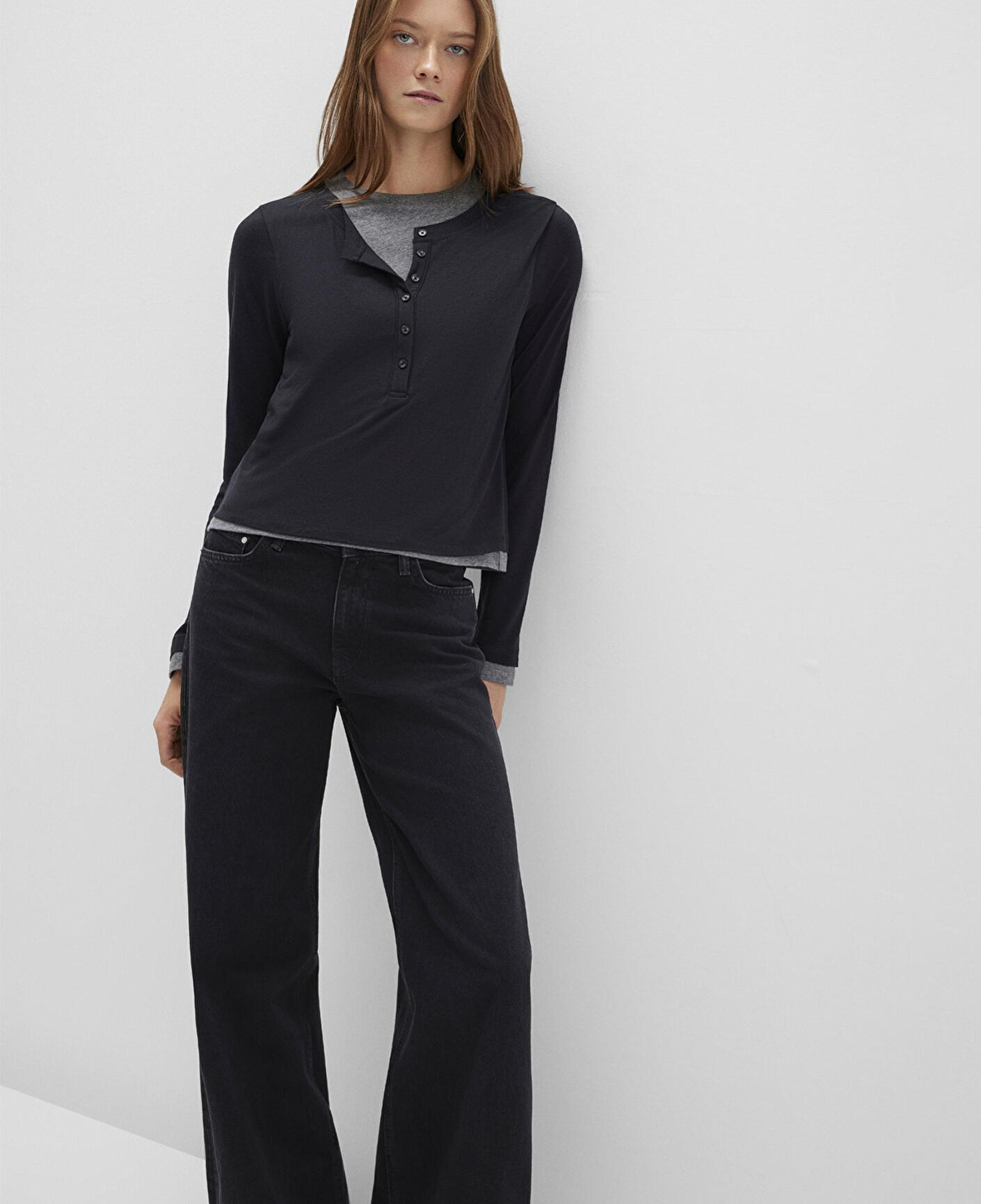 Mavi Yün Karışımlı Çift Katlı Siyah Uzun Kollu Tişört Semi Slim Fit / Yarı Dar Kesim 1613400-900