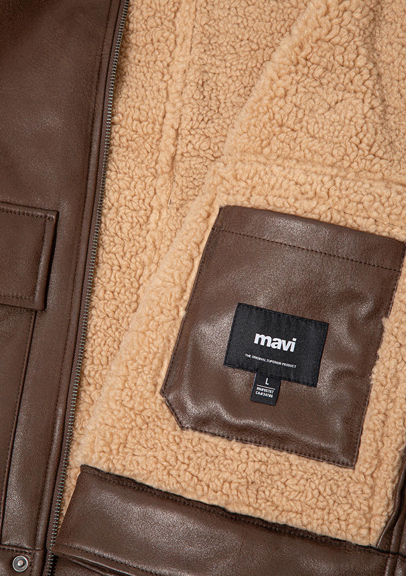 Mavi Kahverengi Suni Kürk Detaylı Suni Deri Ceket Regular Fit / Normal Kesim 0110669-70240