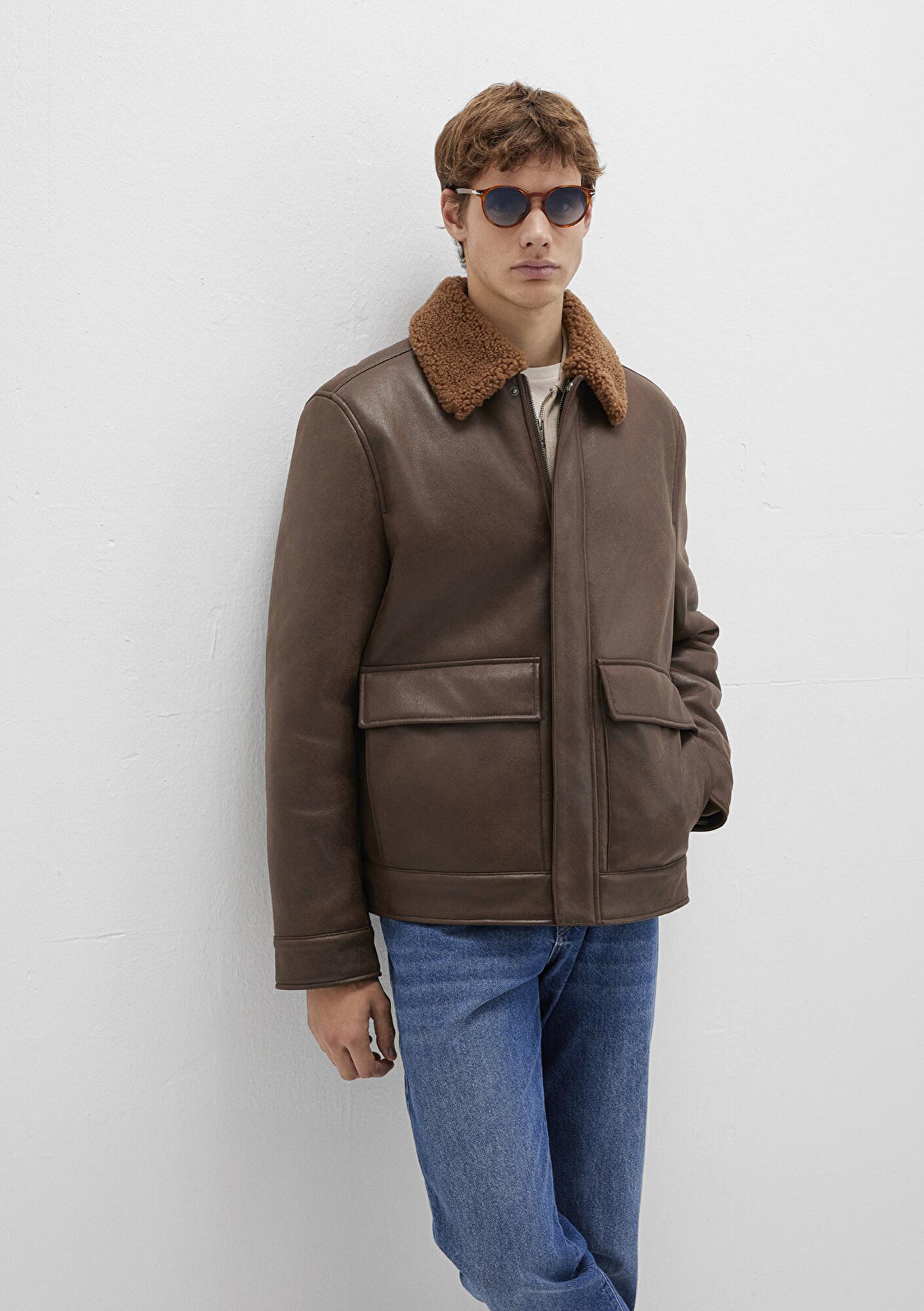 Mavi Kahverengi Suni Kürk Detaylı Suni Deri Ceket Regular Fit / Normal Kesim 0110669-70240