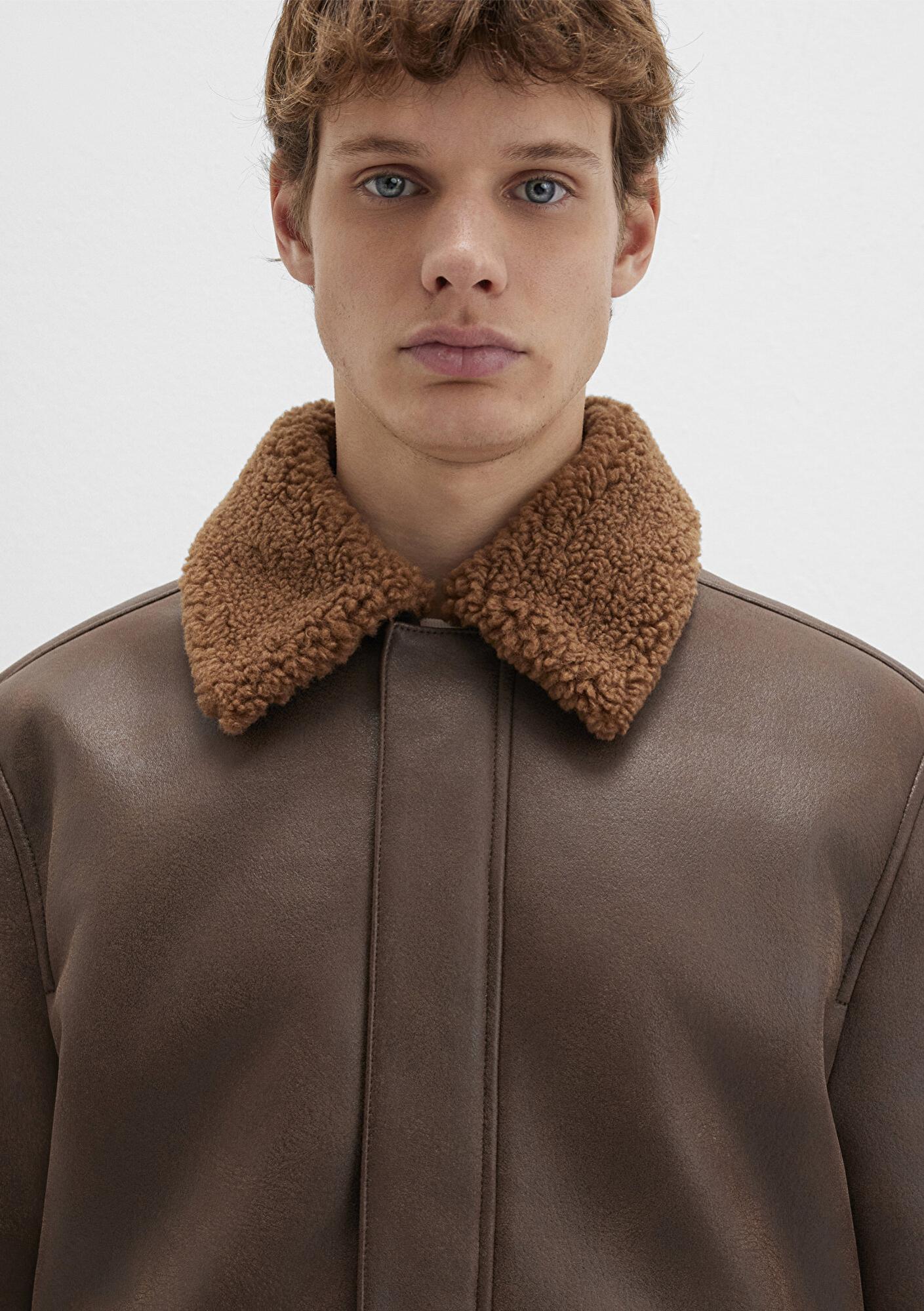 Mavi Kahverengi Suni Kürk Detaylı Suni Deri Ceket Regular Fit / Normal Kesim 0110669-70240