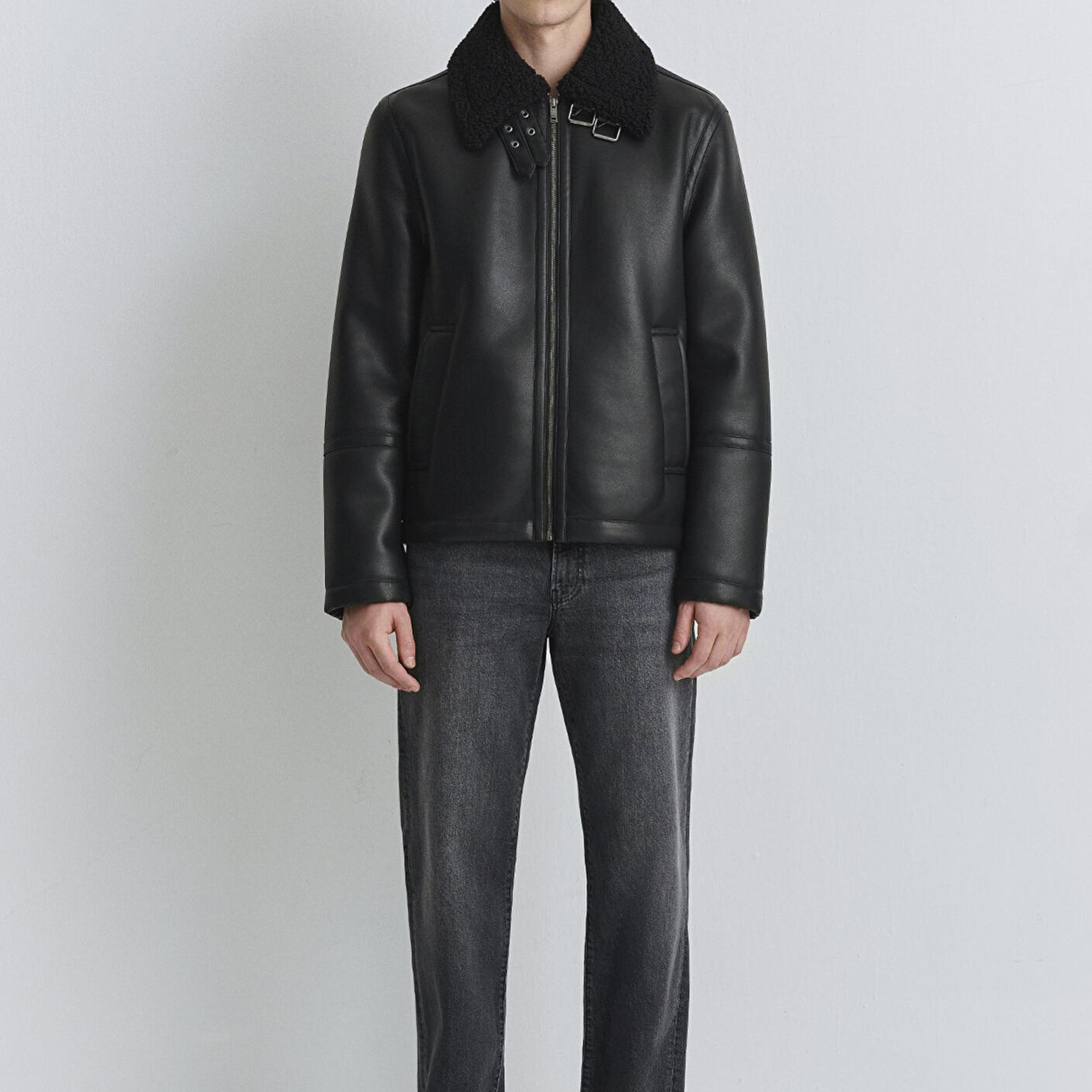 Mavi Suni Kürk Detaylı Siyah Suni Deri Ceket Regular Fit / Normal Kesim 0110670-71379