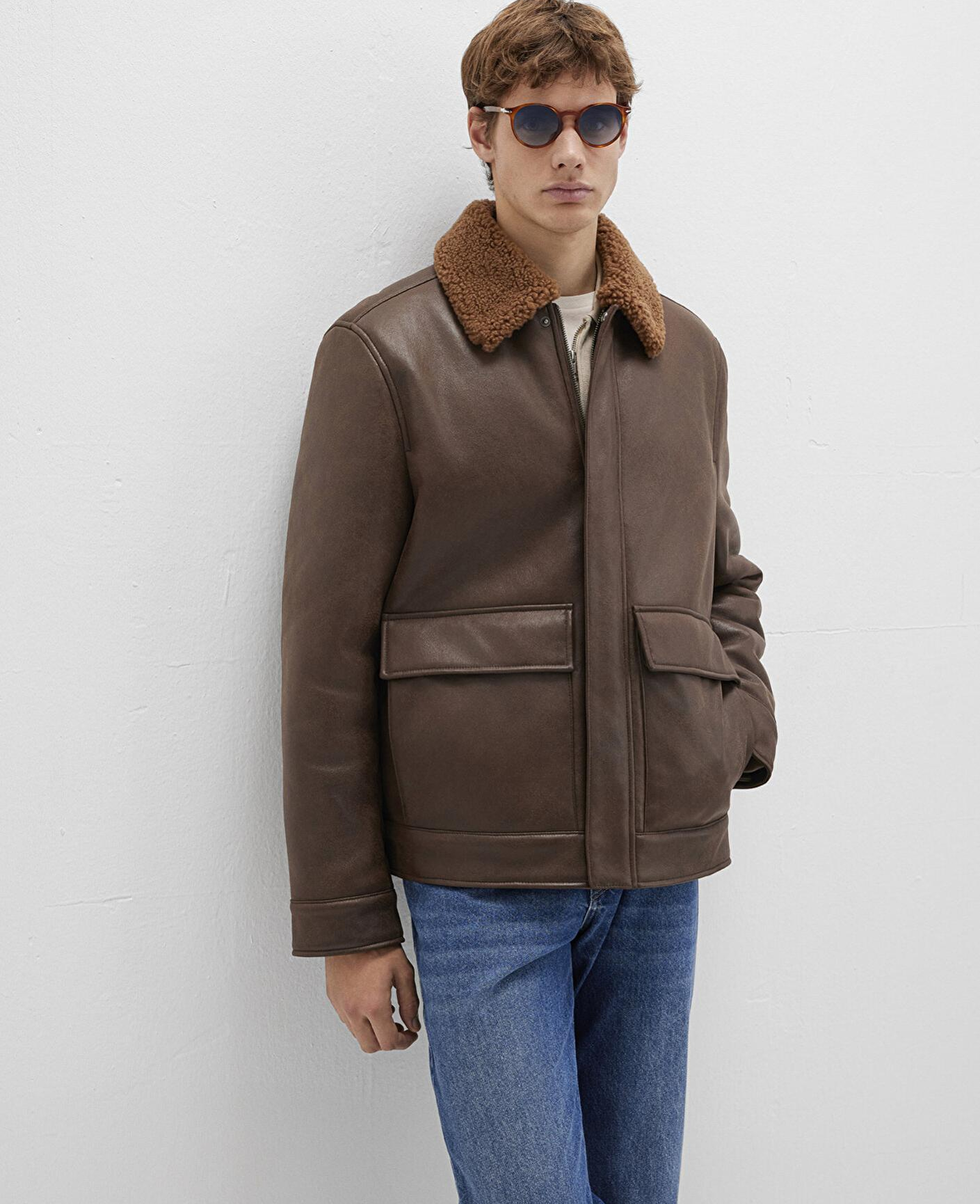 Mavi Kahverengi Suni Kürk Detaylı Suni Deri Ceket Regular Fit / Normal Kesim 0110669-70240