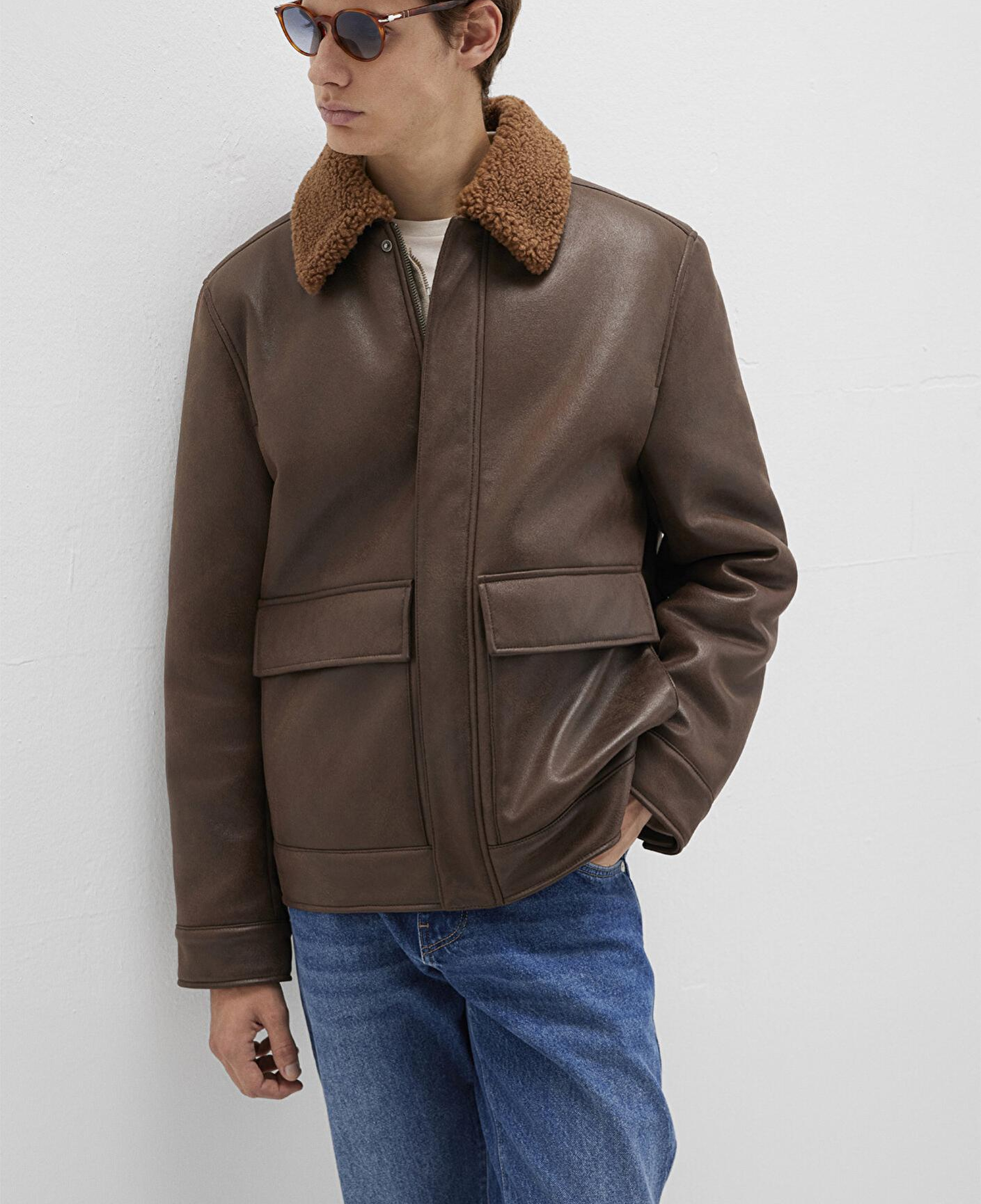 Mavi Kahverengi Suni Kürk Detaylı Suni Deri Ceket Regular Fit / Normal Kesim 0110669-70240