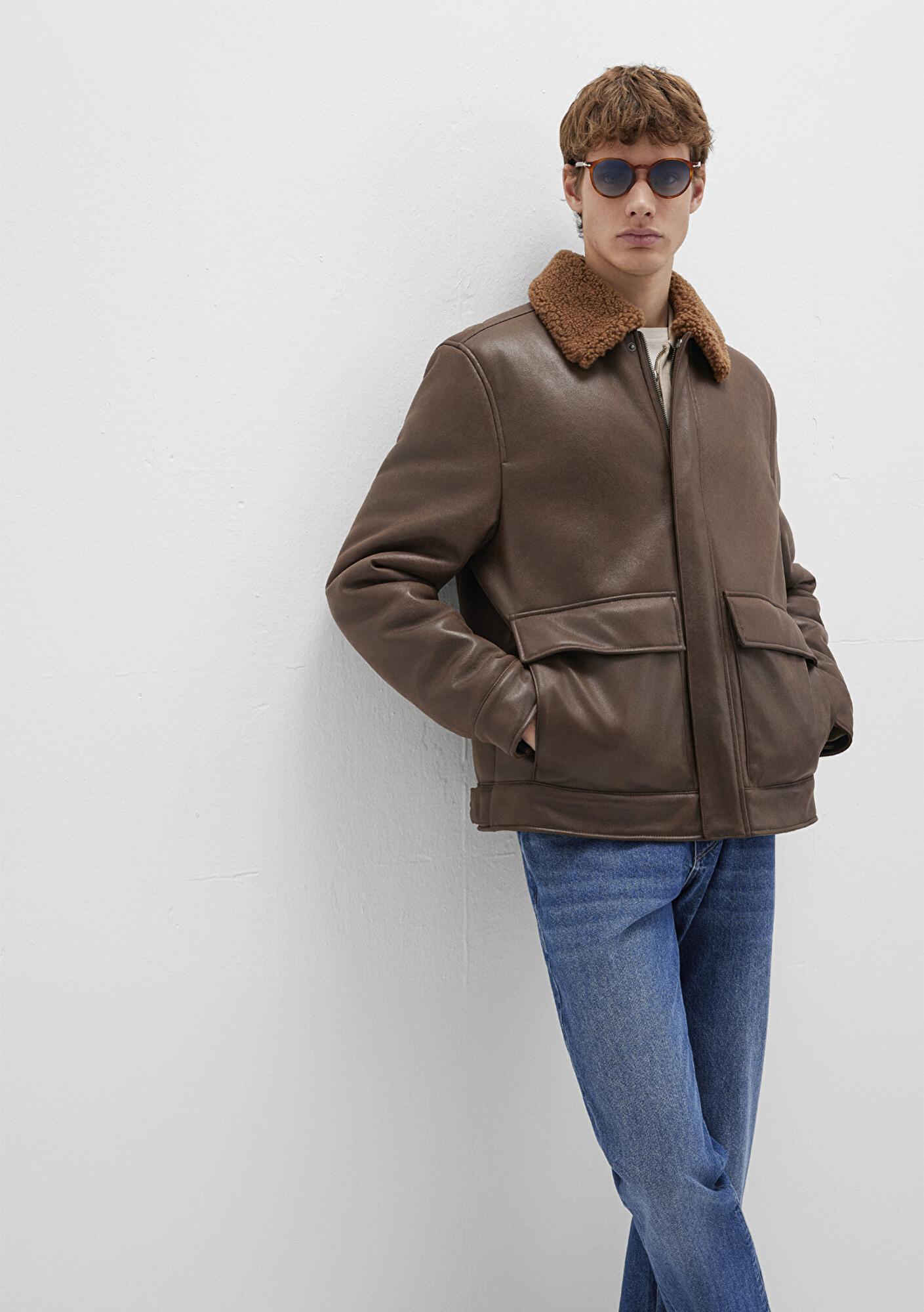 Mavi Kahverengi Suni Kürk Detaylı Suni Deri Ceket Regular Fit / Normal Kesim 0110669-70240