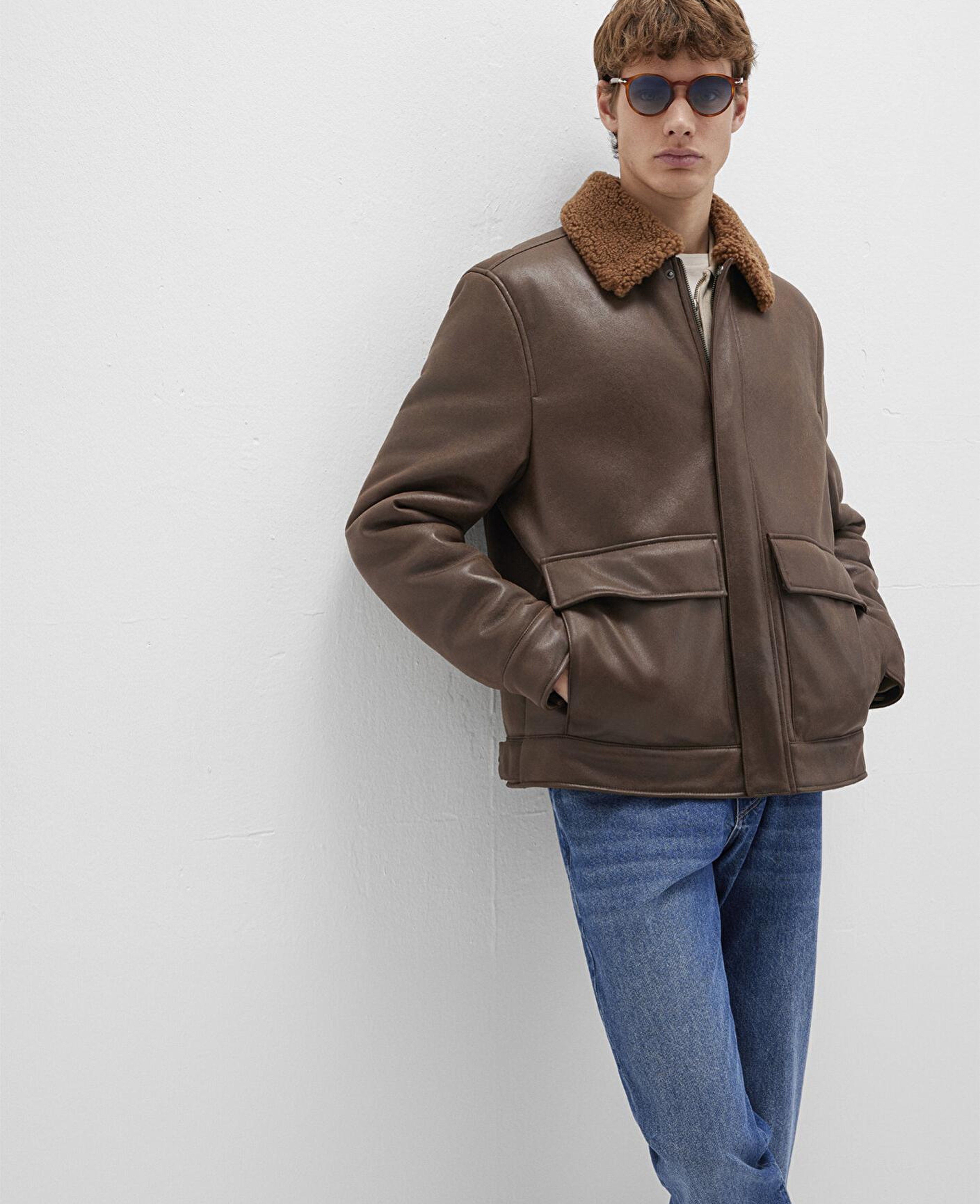 Mavi Kahverengi Suni Kürk Detaylı Suni Deri Ceket Regular Fit / Normal Kesim 0110669-70240