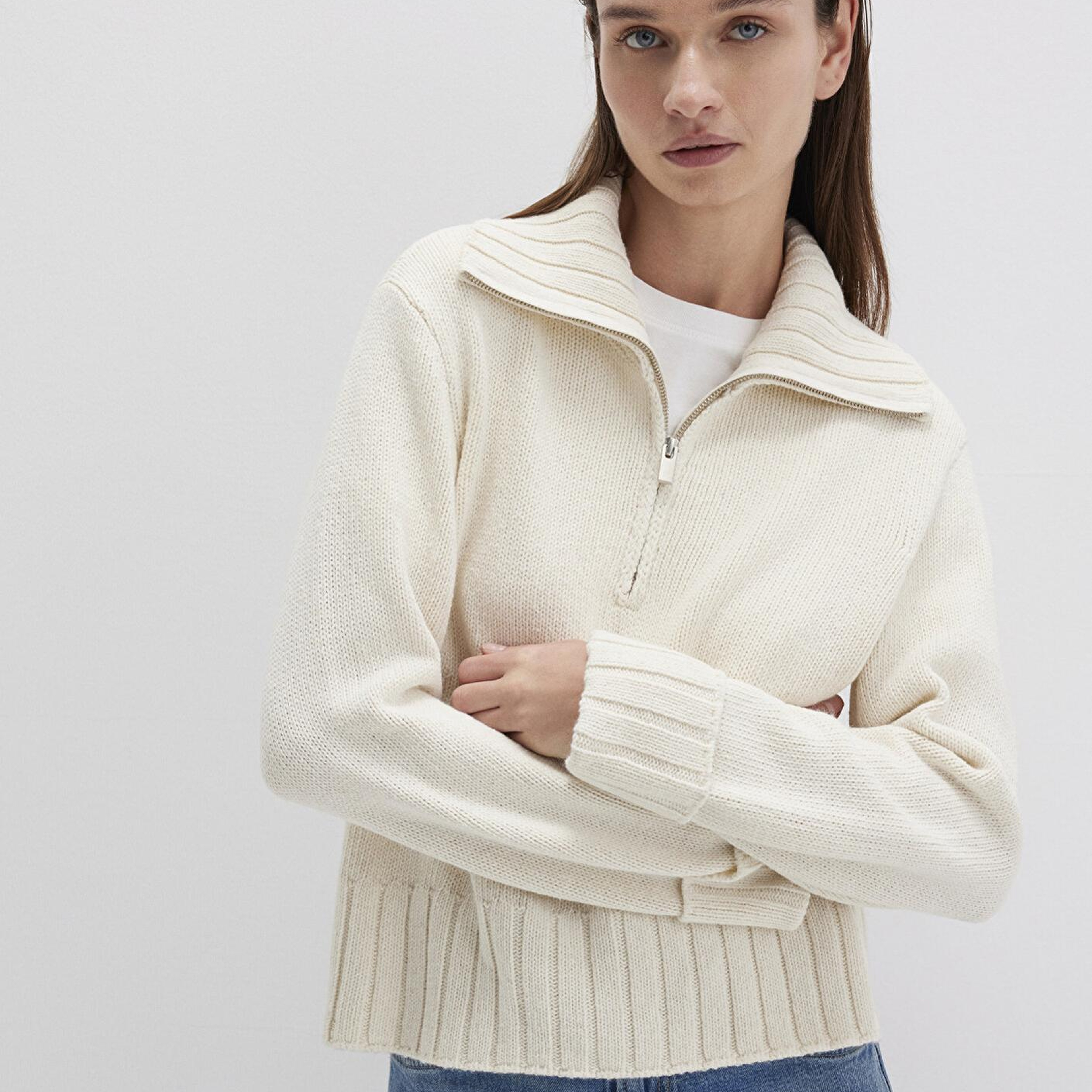 Mavi Yün Karışımlı Yarı Fermuarlı Ekru Kazak Regular Fit / Normal Kesim 1710703-82127