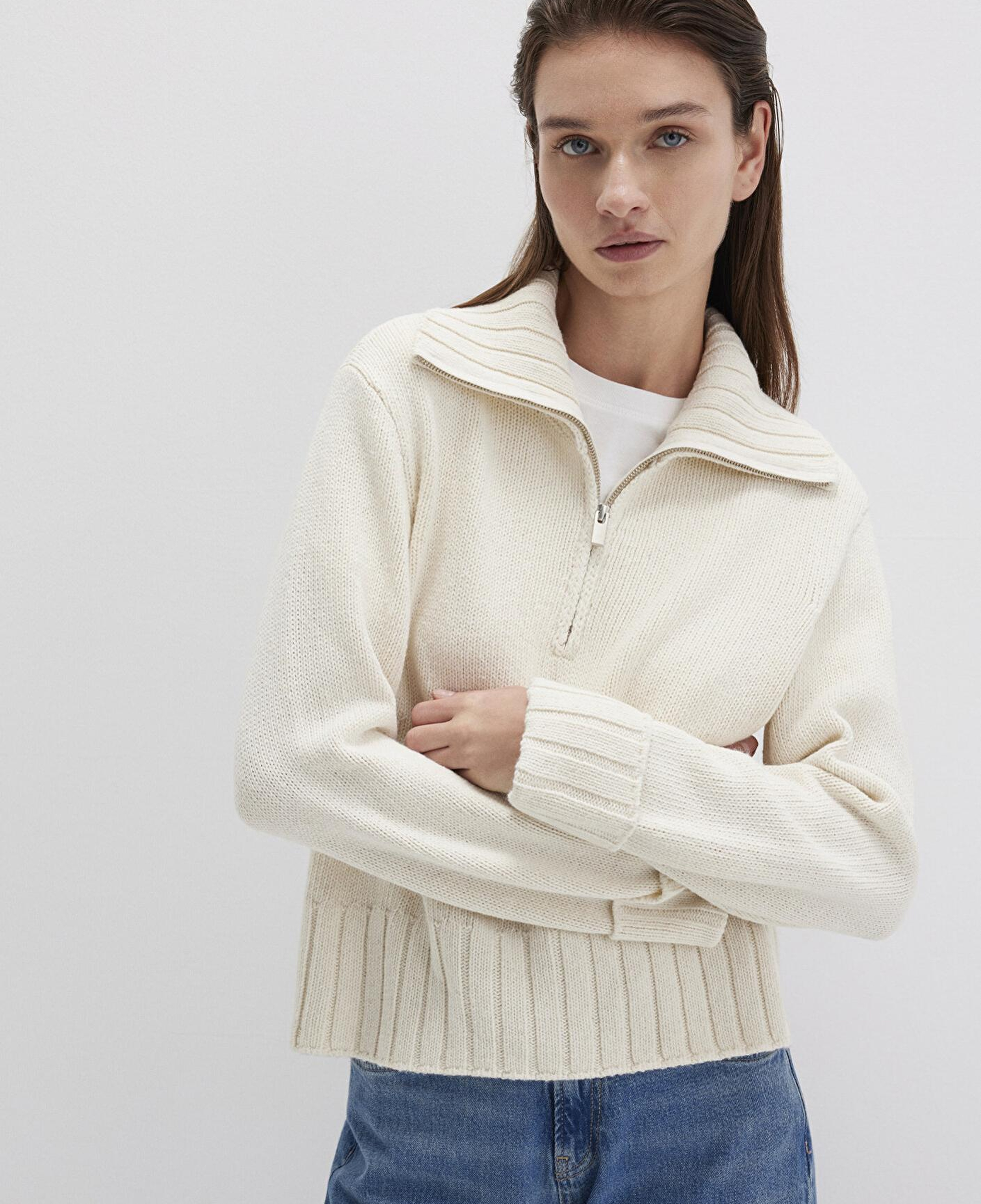 Mavi Yün Karışımlı Yarı Fermuarlı Ekru Kazak Regular Fit / Normal Kesim 1710703-82127