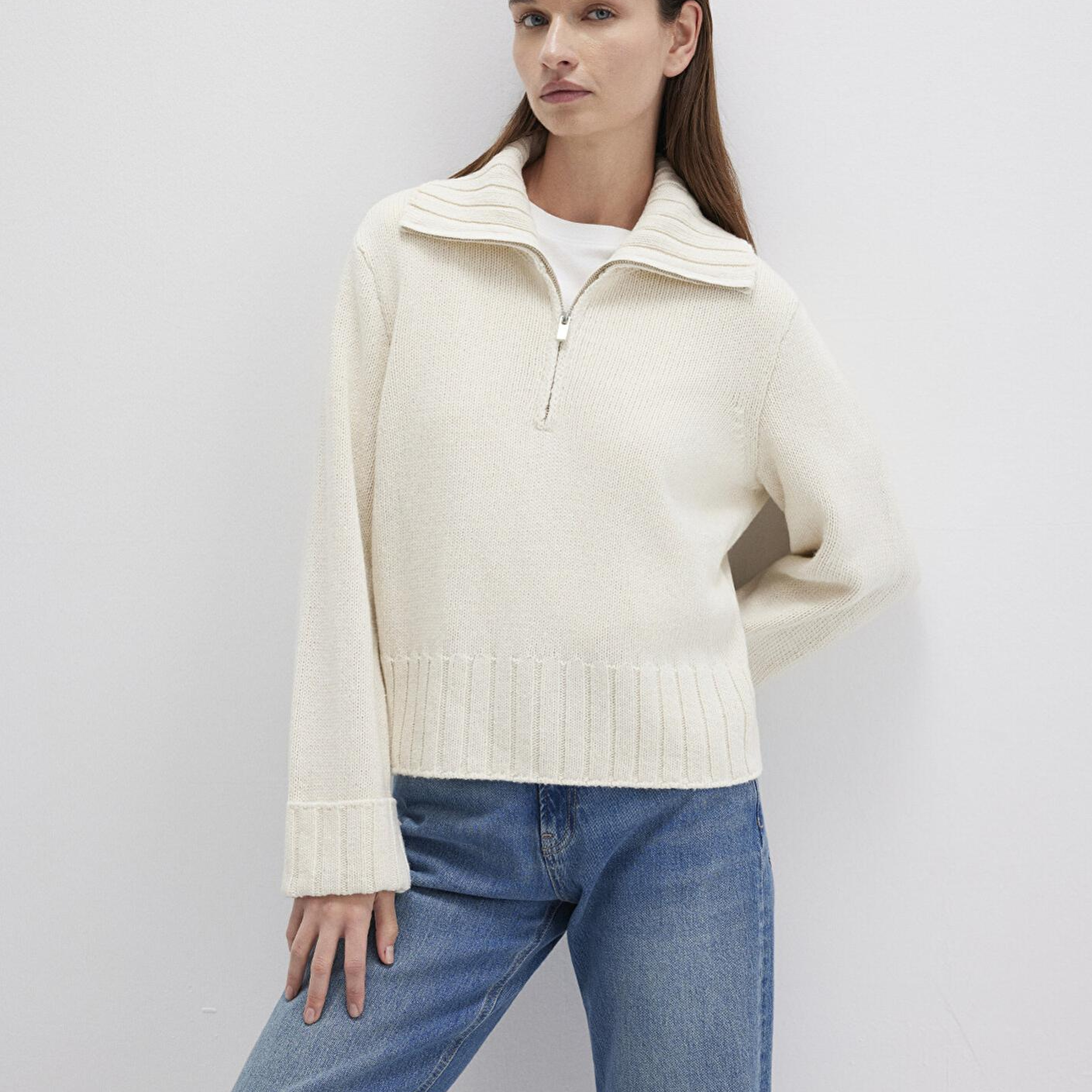 Mavi Yün Karışımlı Yarı Fermuarlı Ekru Kazak Regular Fit / Normal Kesim 1710703-82127