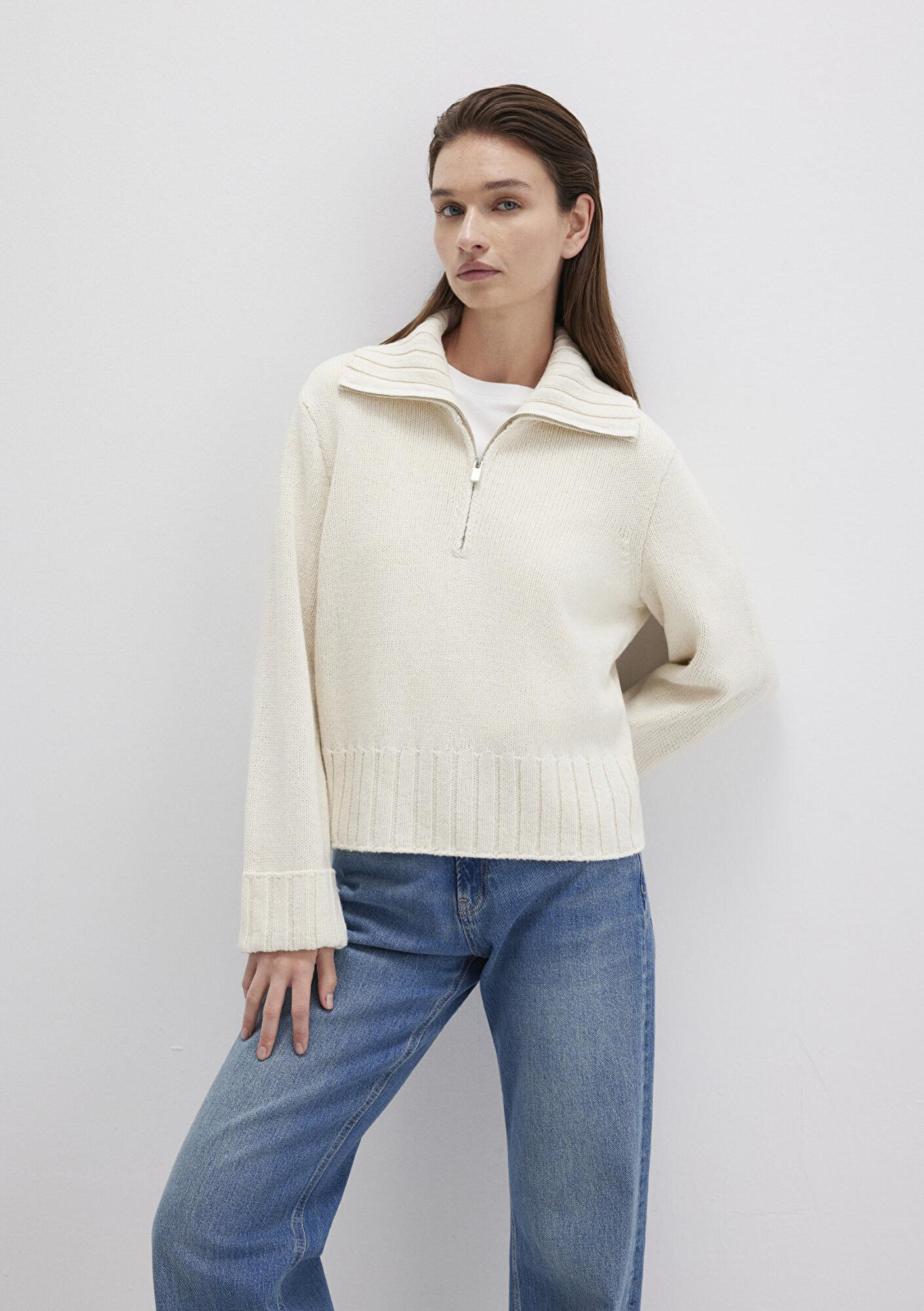 Mavi Yün Karışımlı Yarı Fermuarlı Ekru Kazak Regular Fit / Normal Kesim 1710703-82127