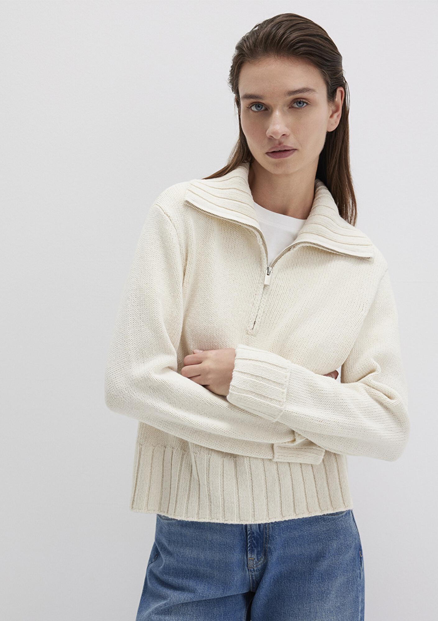 Mavi Yün Karışımlı Yarı Fermuarlı Ekru Kazak Regular Fit / Normal Kesim 1710703-82127