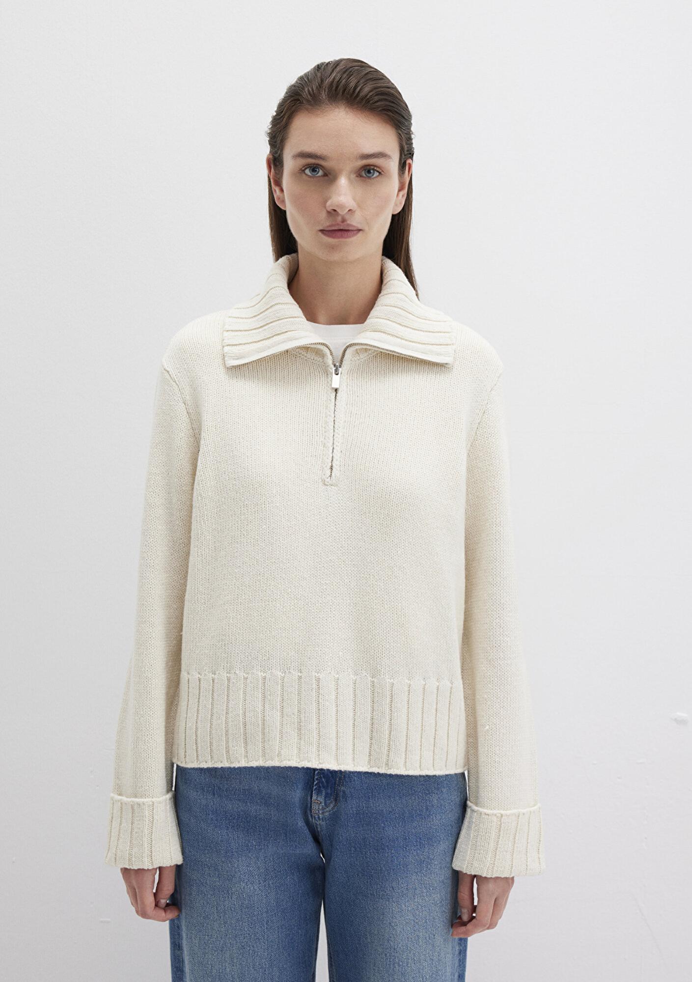 Mavi Yün Karışımlı Yarı Fermuarlı Ekru Kazak Regular Fit / Normal Kesim 1710703-82127