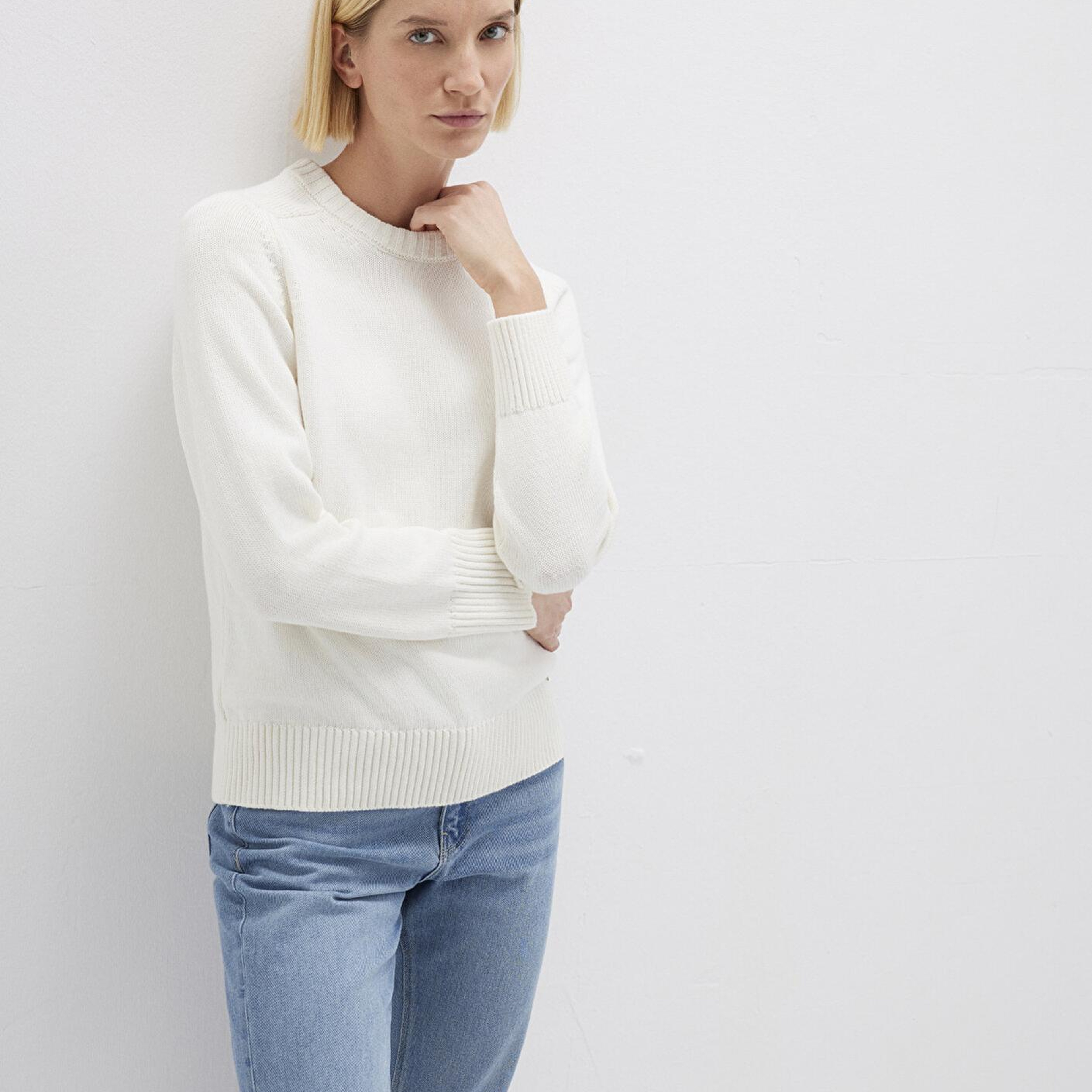 Mavi İpek Karışımlı Bisiklet Yaka Ekru Kazak Regular Fit / Normal Kesim 1710726-70057