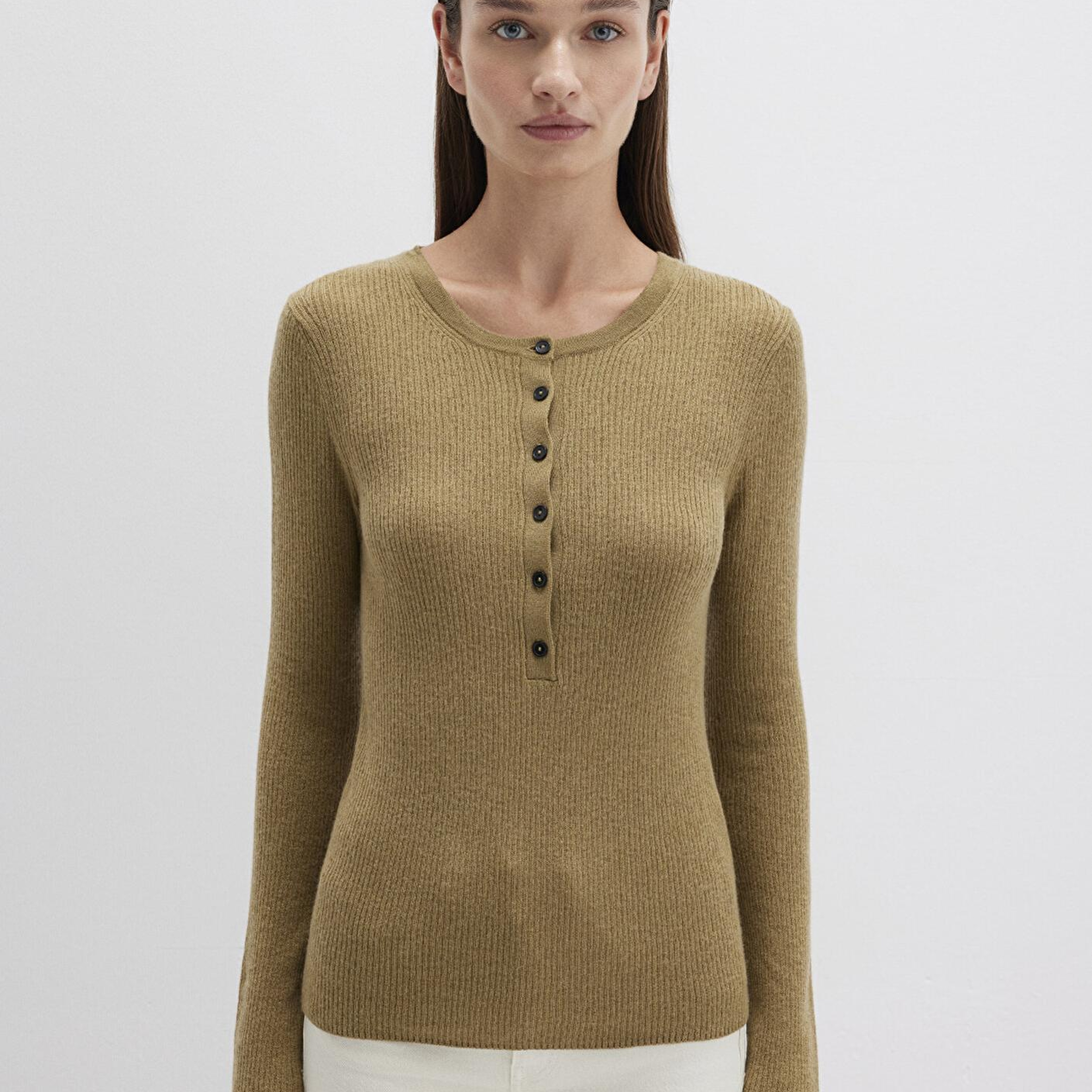 Mavi Yün Karışımlı Düğme Detaylı Yeşil Kazak Fitted / Vücuda Oturan Kesim 1710730-71567