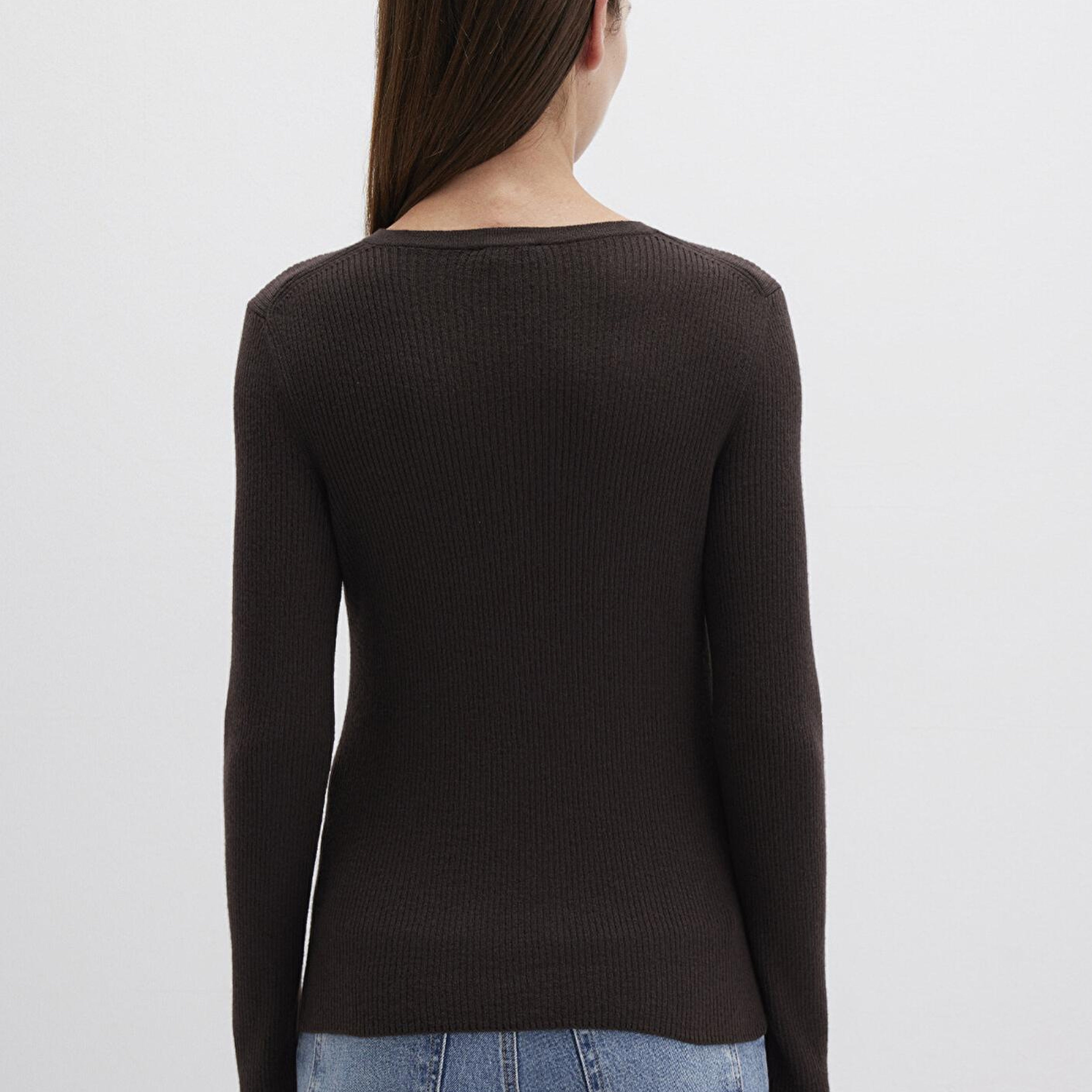 Mavi Yün Karışımlı Düğme Detaylı Kahverengi Kazak Fitted / Vücuda Oturan Kesim 1710730-90704