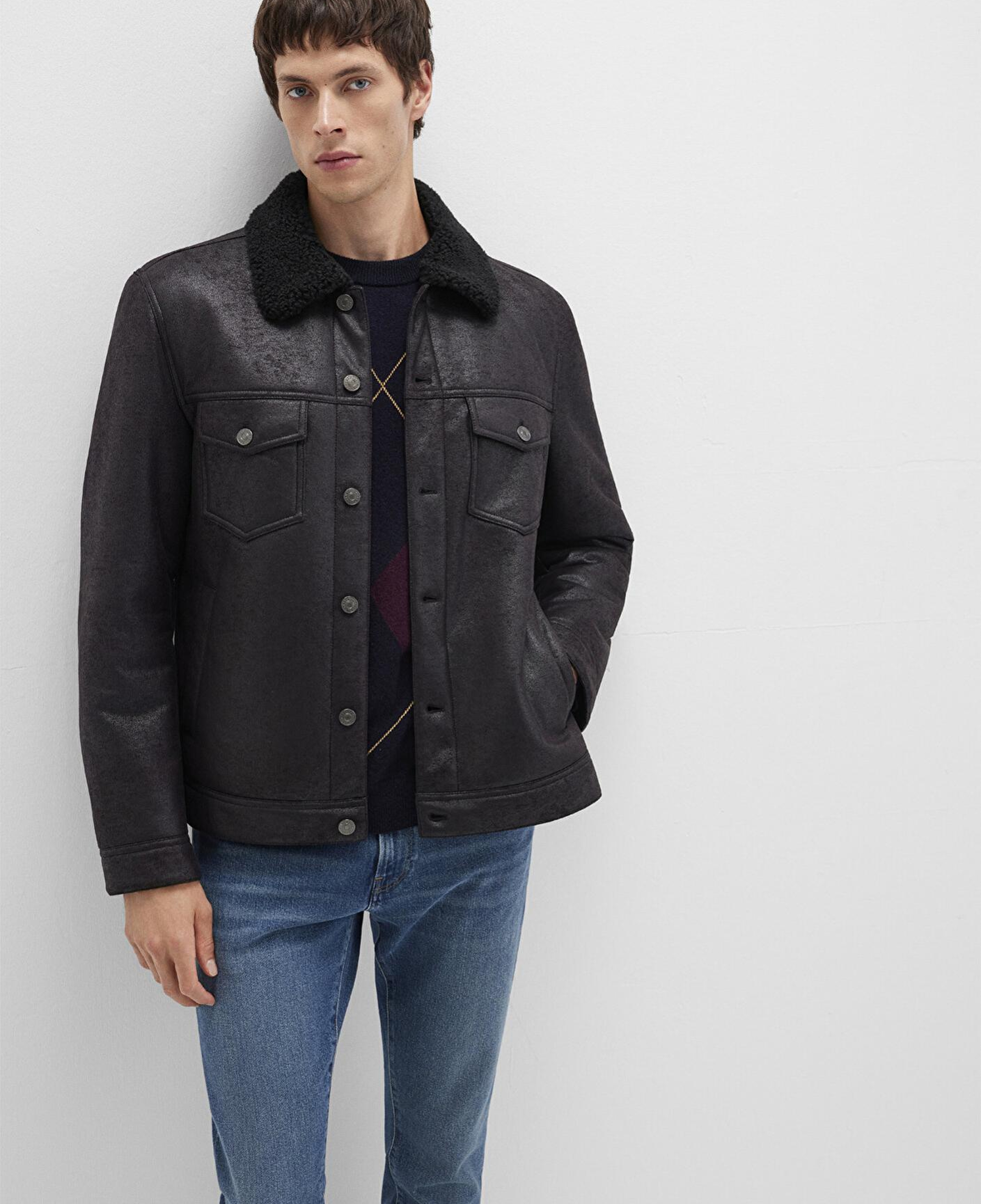 Mavi Suni Kürk Detaylı Siyah Suni Deri Ceket Regular Fit / Normal Kesim 0110460-71379