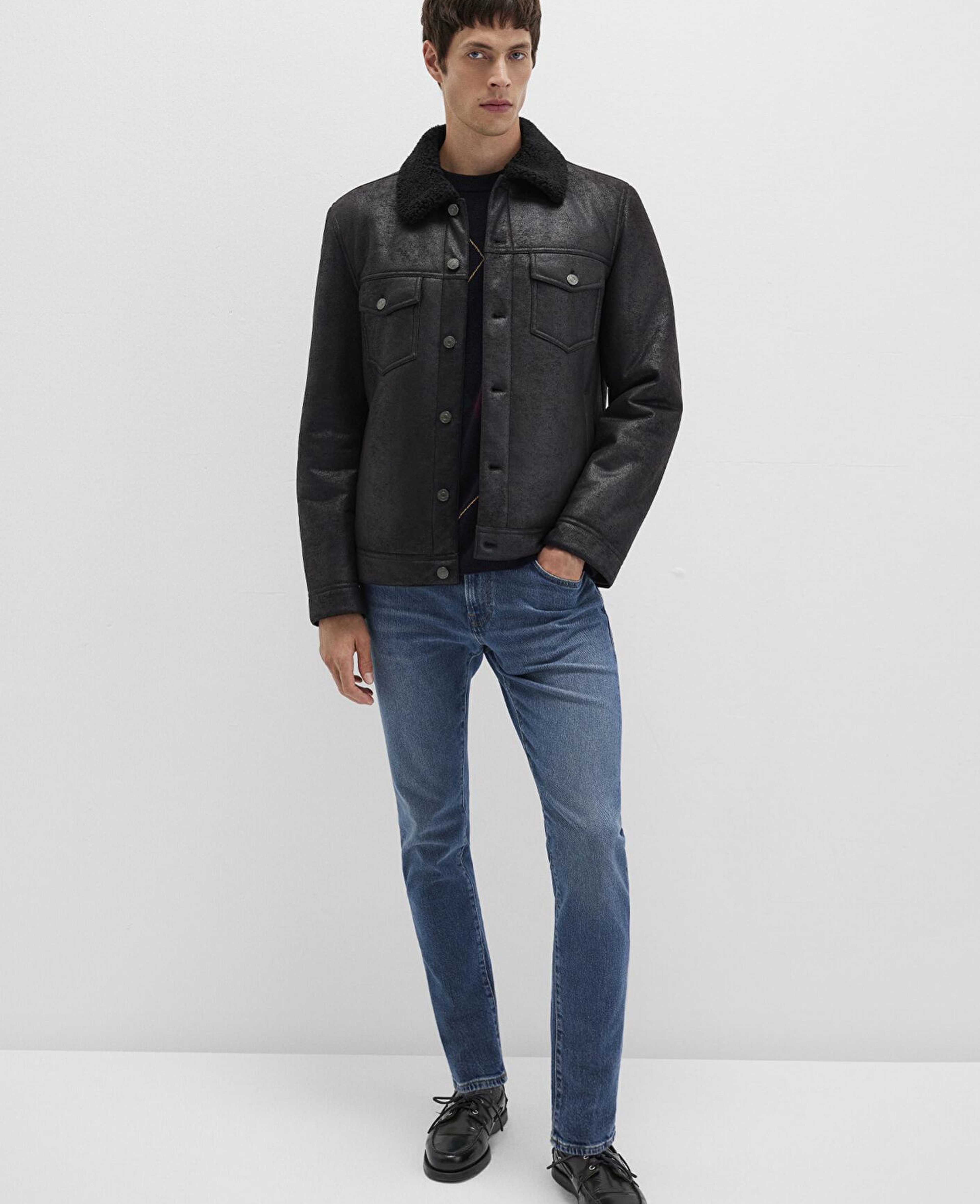 Mavi Suni Kürk Detaylı Siyah Suni Deri Ceket Regular Fit / Normal Kesim 0110460-71379