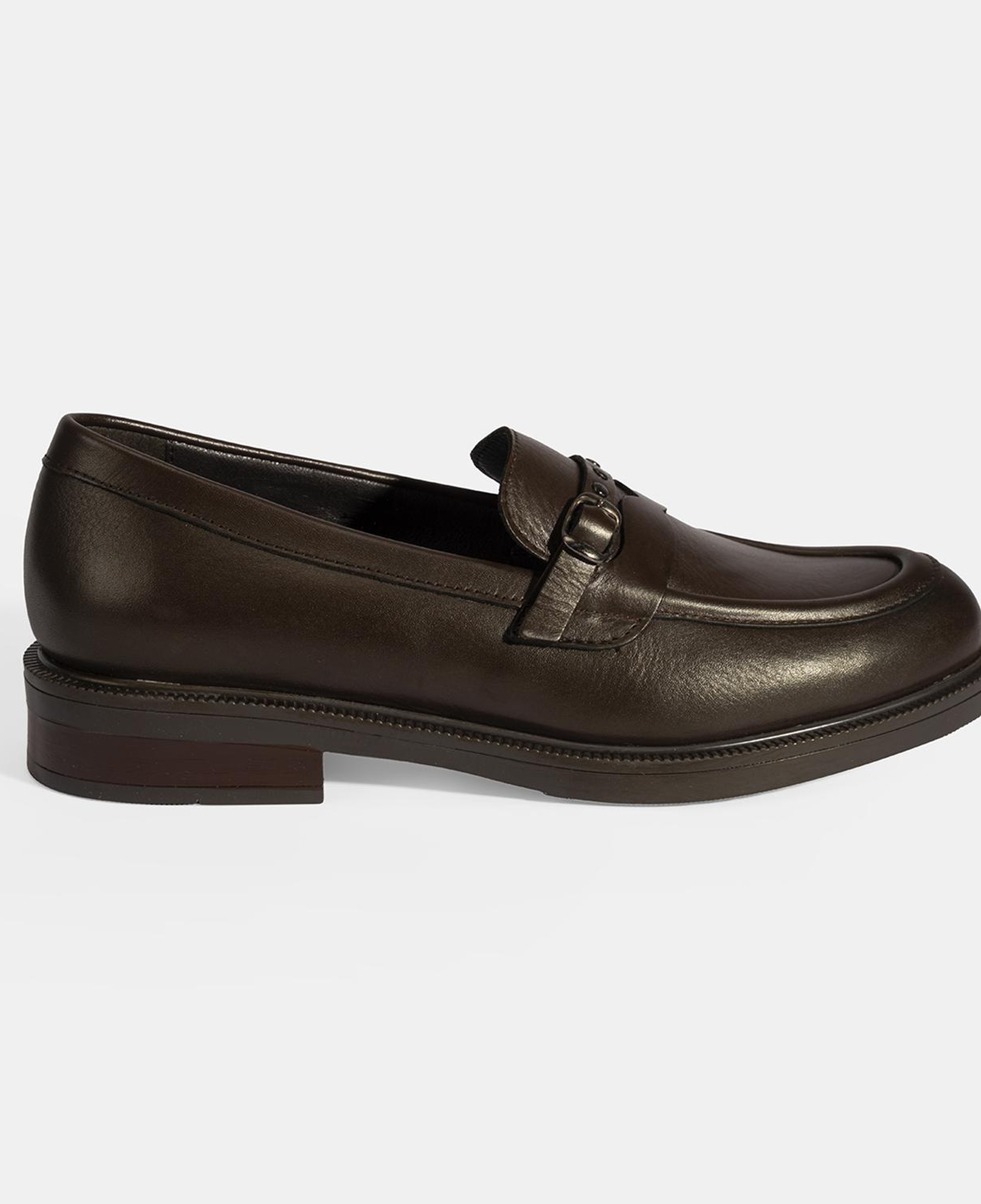 Kadın Kahve Metal Toka Detaylı Deri Loafer