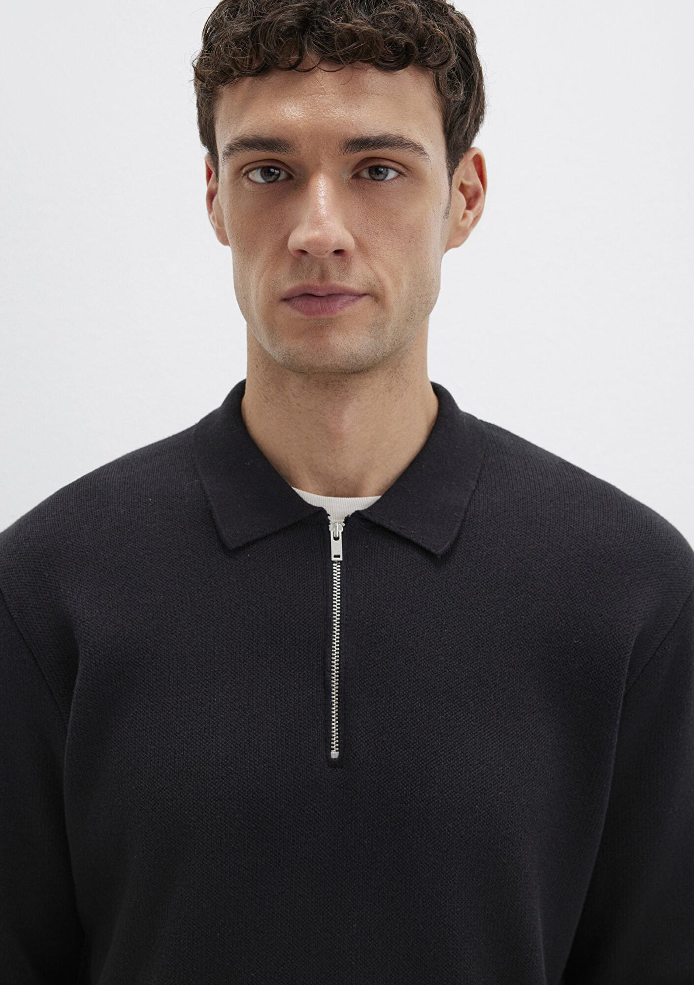 Mavi Yarı Fermuarlı Siyah Triko Polo 0710337-900