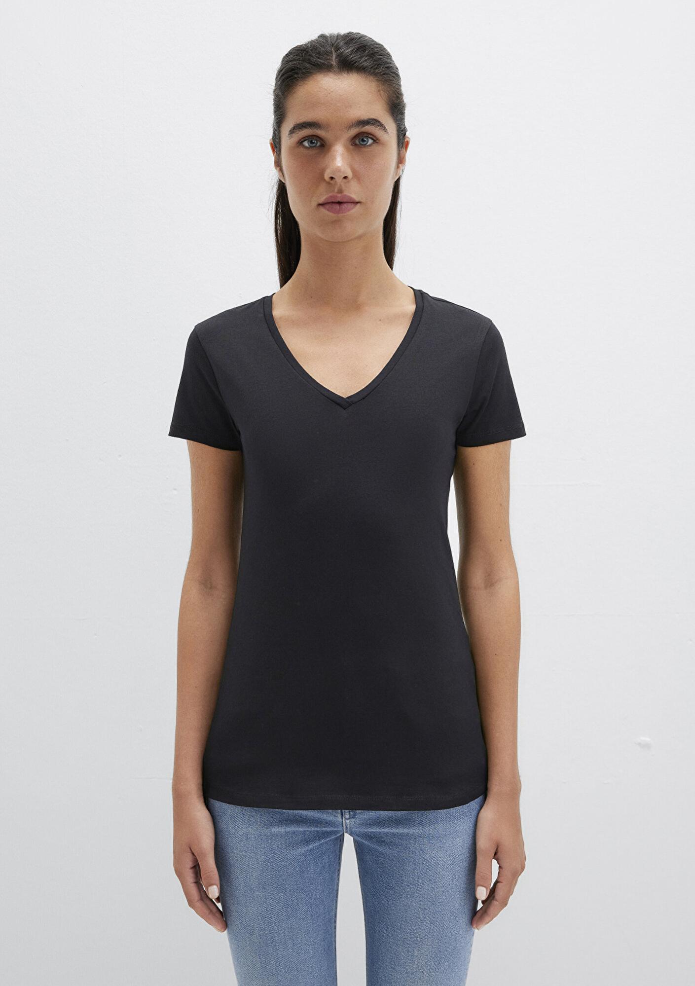 Mavi V Yaka Siyah Basic Stretch Tişört Fitted / Vücuda Oturan Kesim 162769-900