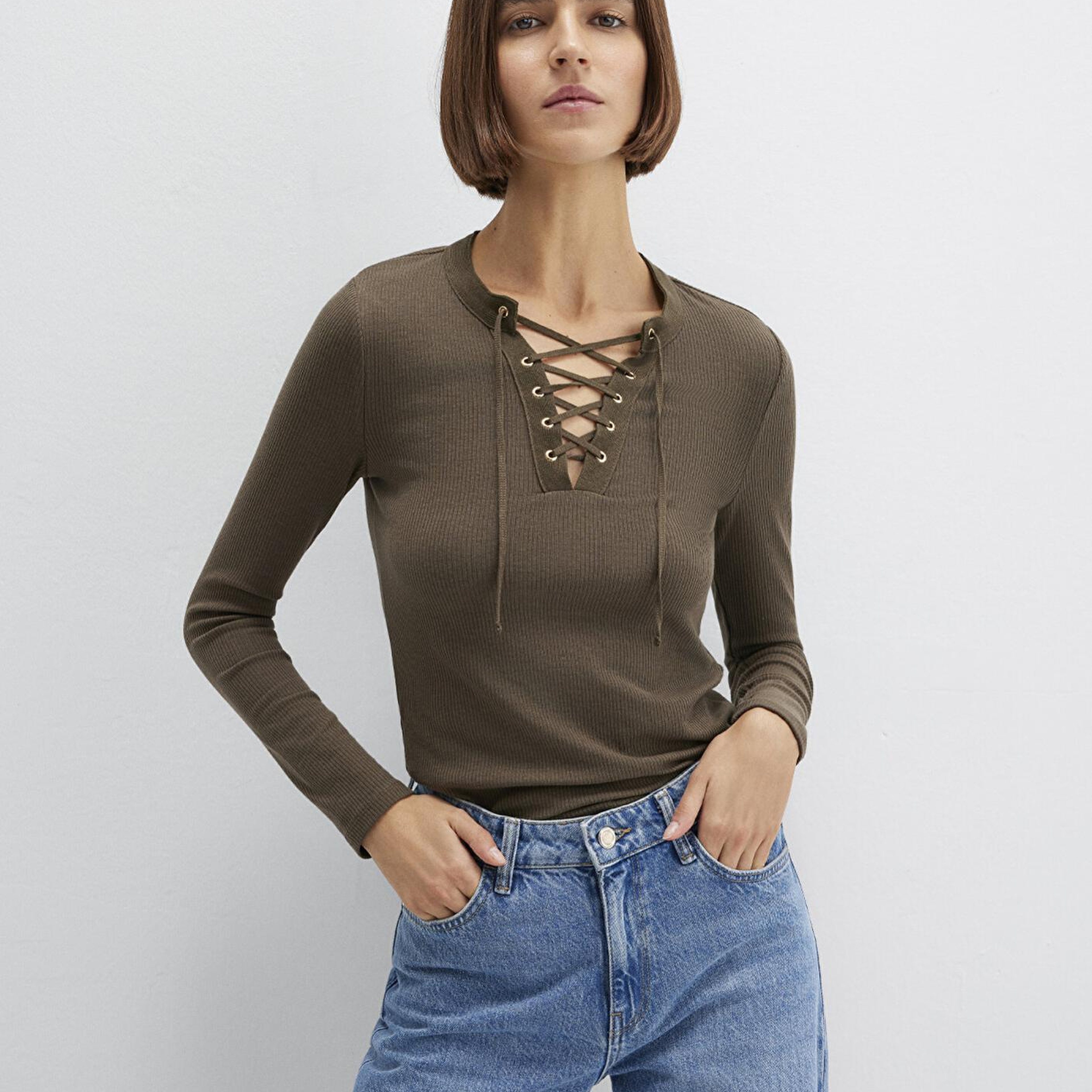 Mavi Uzun Kollu Haki Tişört Fitted / Vücuda Oturan Kesim 1613839-87538