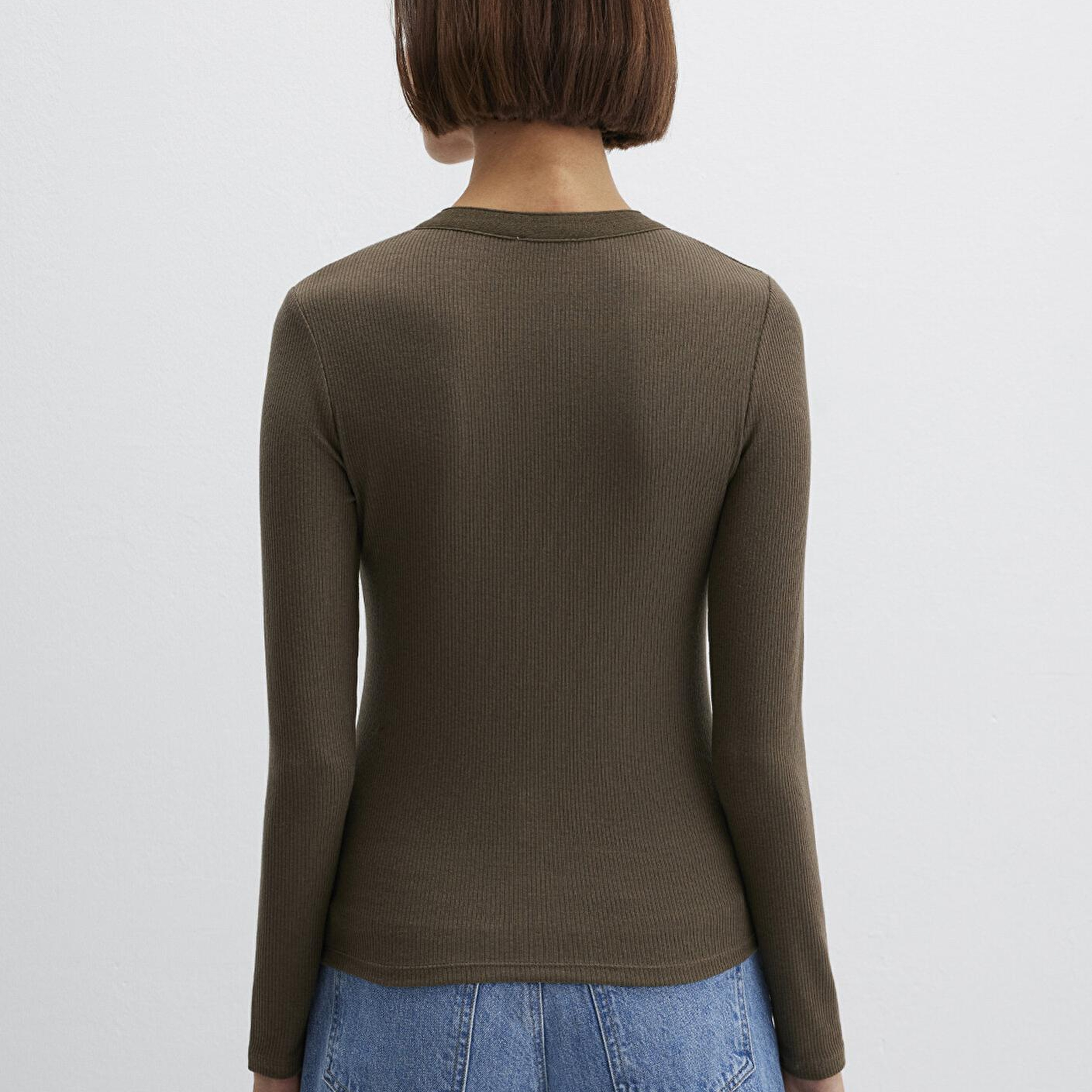 Mavi Uzun Kollu Haki Tişört Fitted / Vücuda Oturan Kesim 1613839-87538