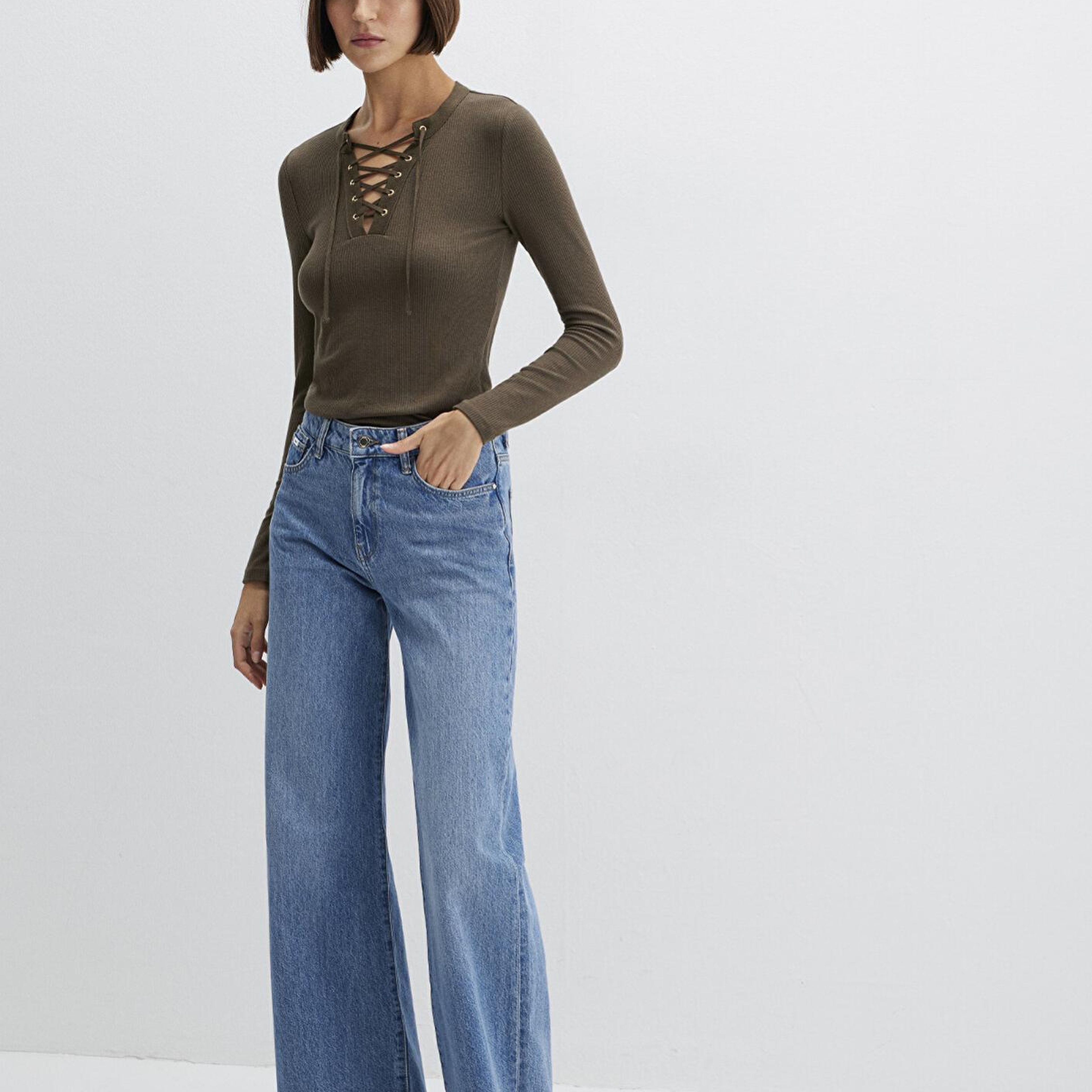 Mavi Uzun Kollu Haki Tişört Fitted / Vücuda Oturan Kesim 1613839-87538