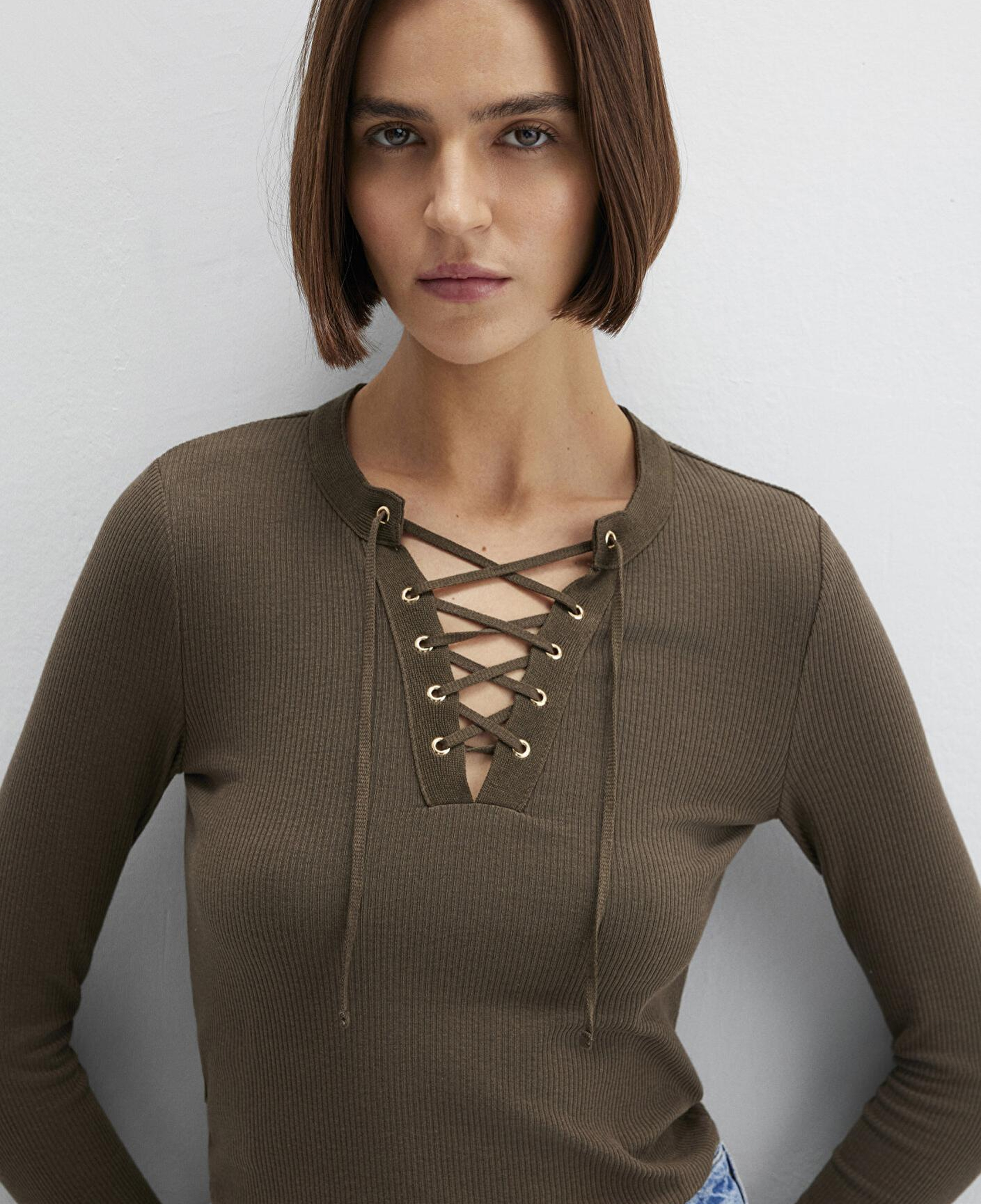 Mavi Uzun Kollu Haki Tişört Fitted / Vücuda Oturan Kesim 1613839-87538