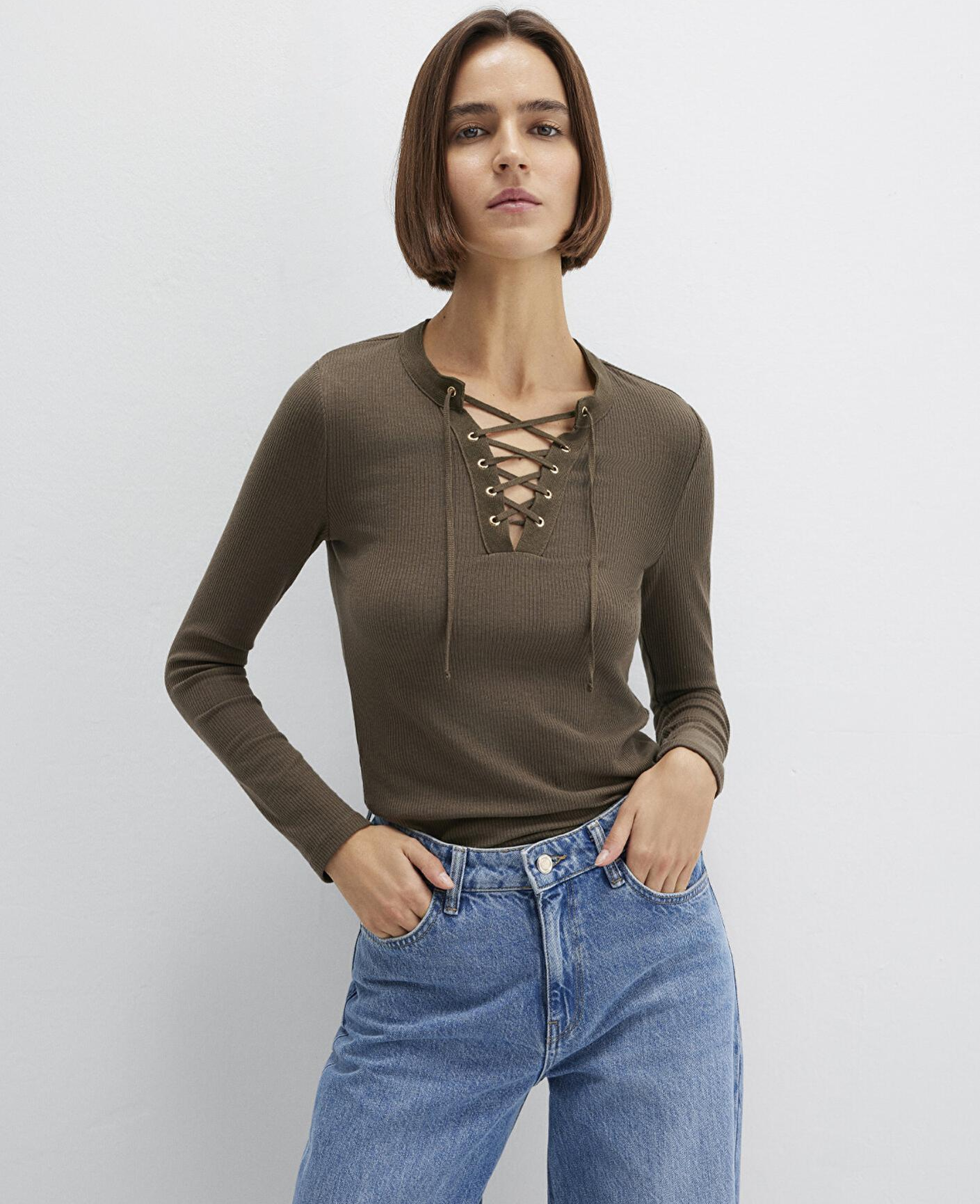 Mavi Uzun Kollu Haki Tişört Fitted / Vücuda Oturan Kesim 1613839-87538