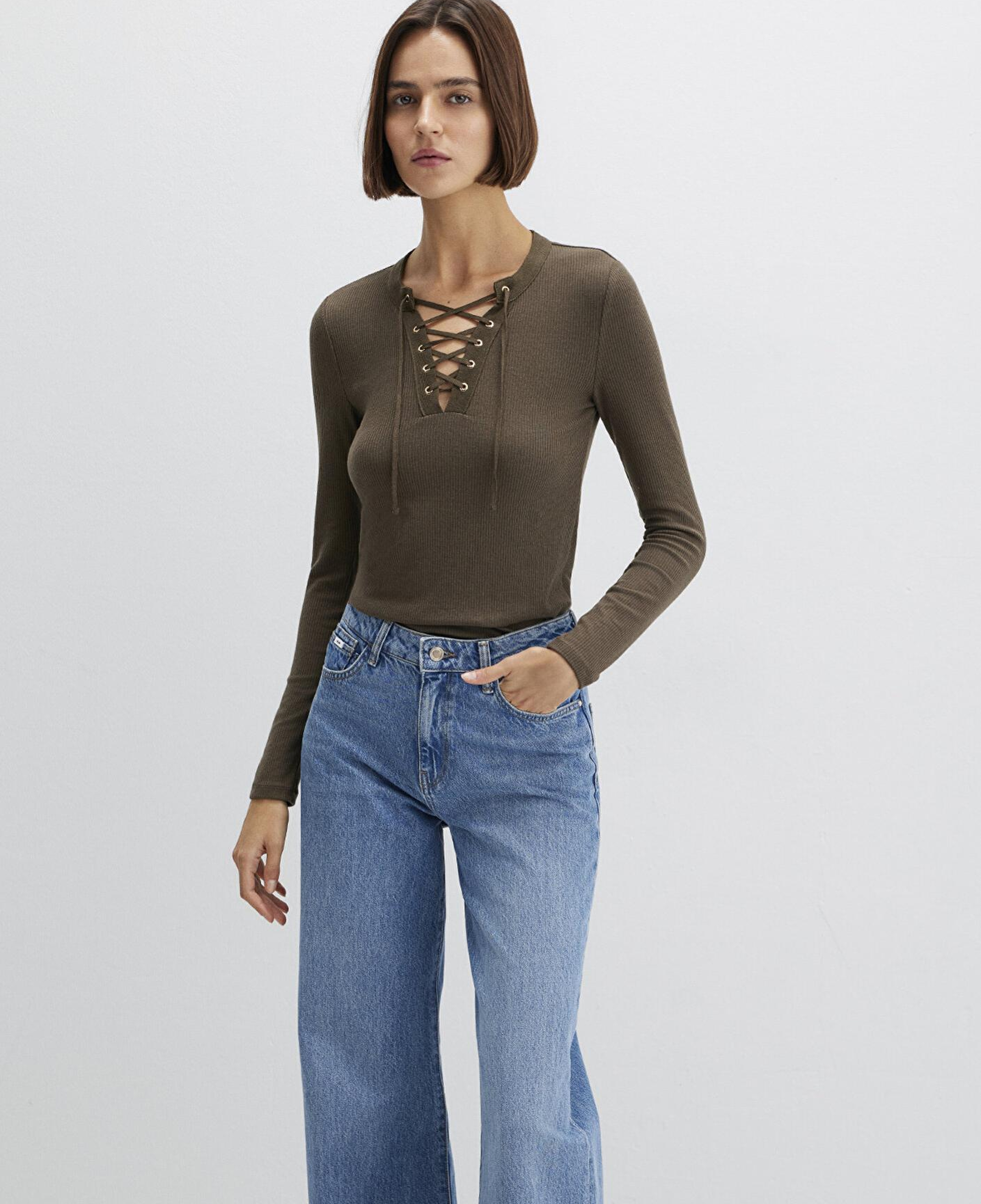 Mavi Uzun Kollu Haki Tişört Fitted / Vücuda Oturan Kesim 1613839-87538