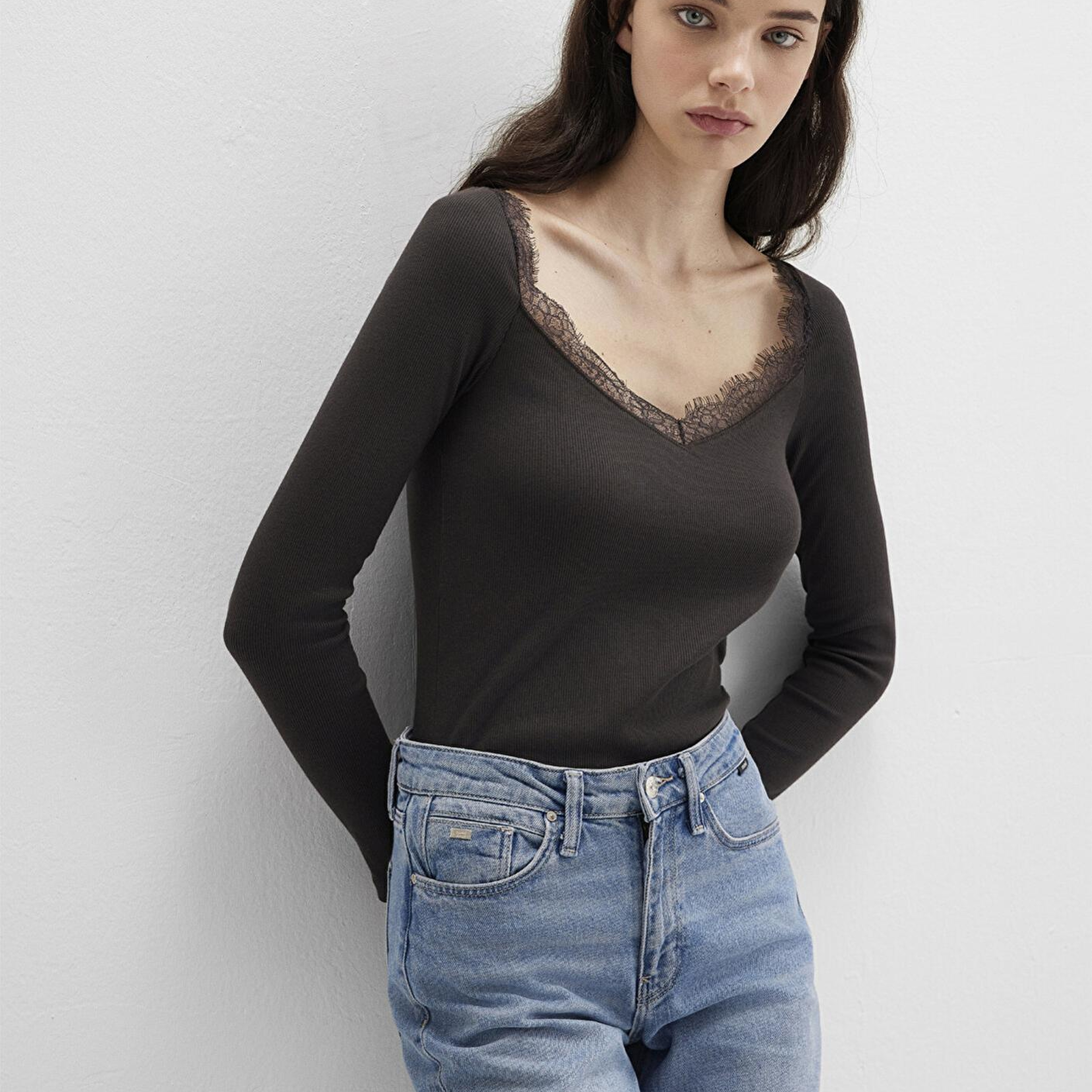 Mavi Uzun Kollu Kahverengi Tişört Fitted / Vücuda Oturan Kesim 1613851-70262