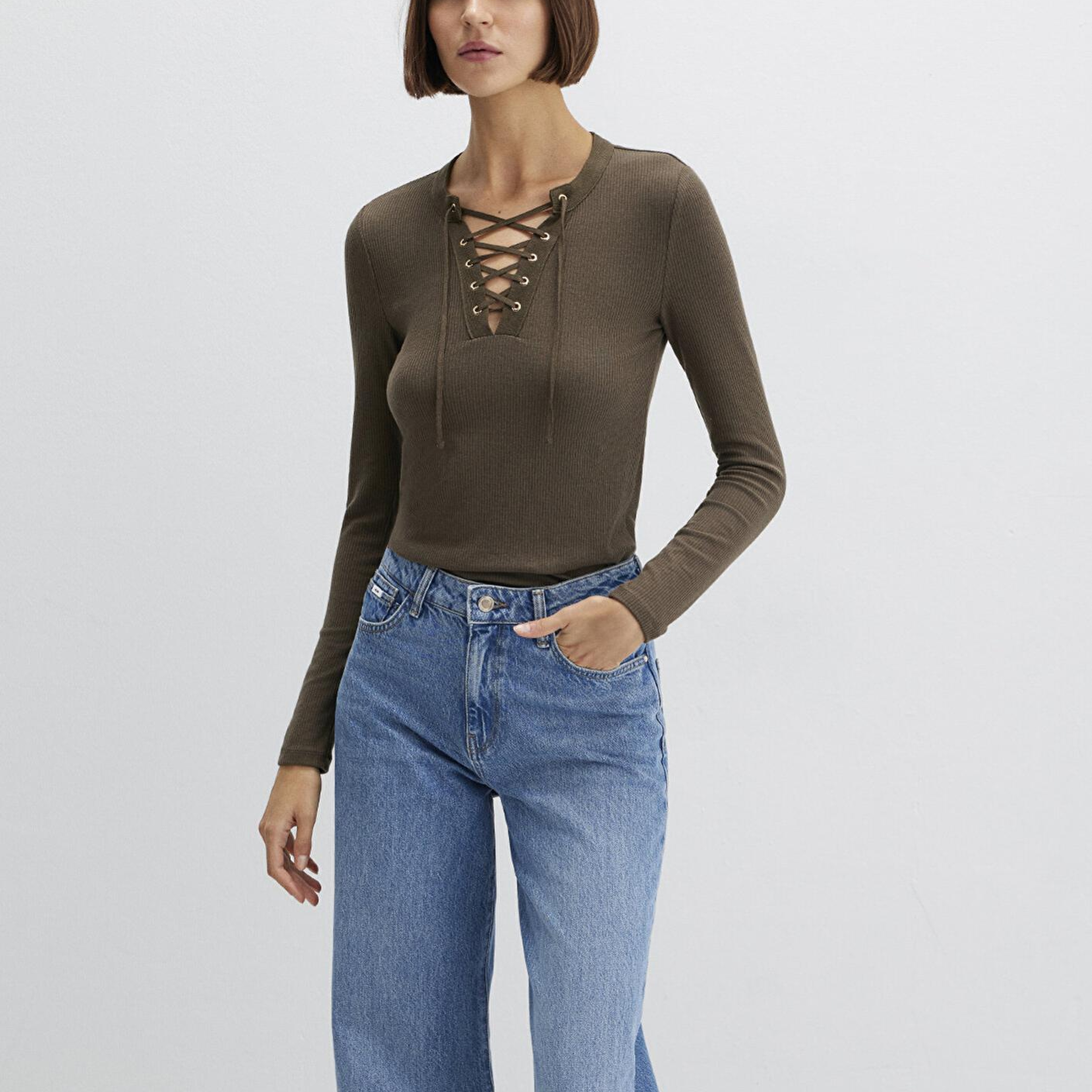 Mavi Uzun Kollu Haki Tişört Fitted / Vücuda Oturan Kesim 1613839-87538