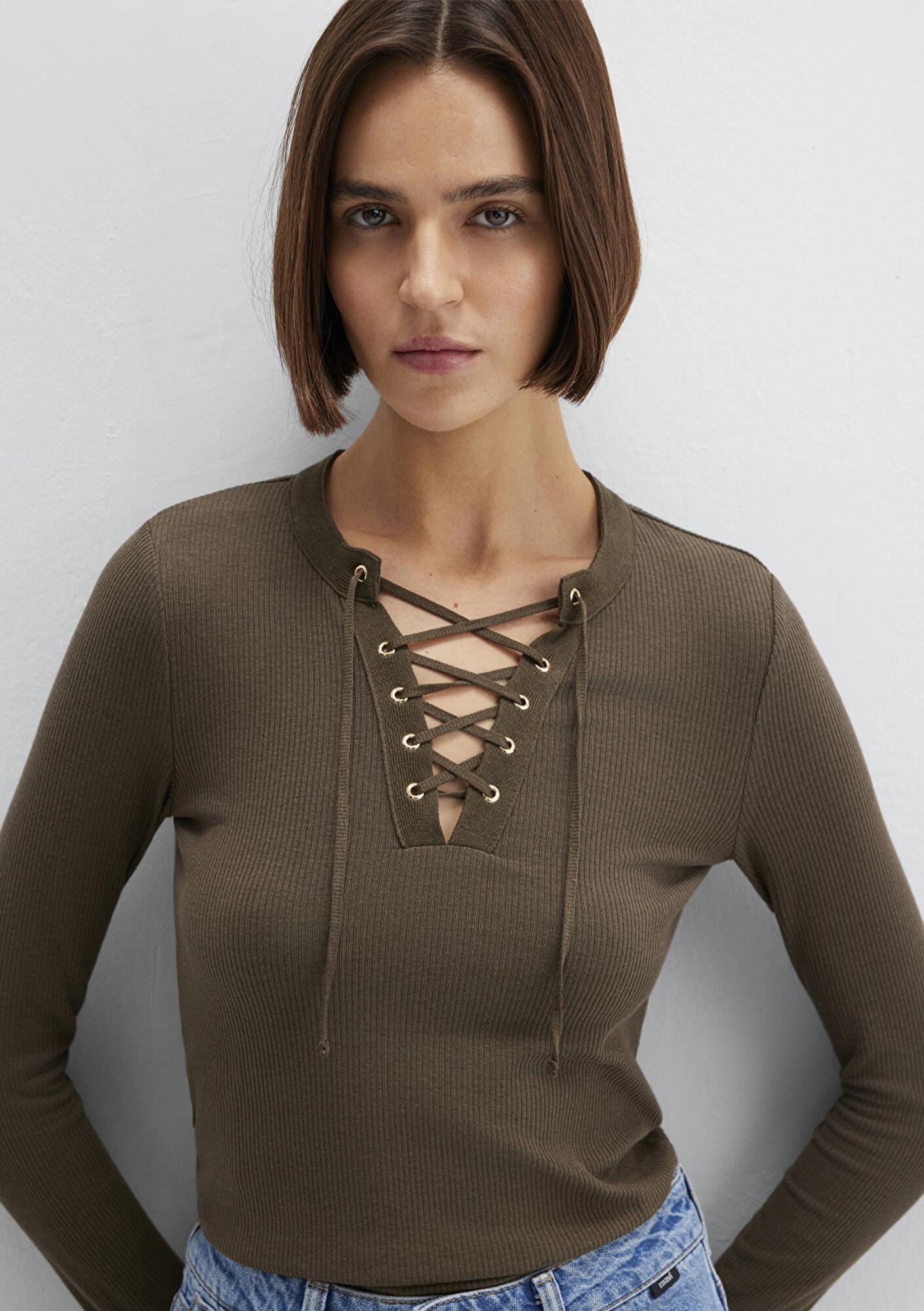 Mavi Uzun Kollu Haki Tişört Fitted / Vücuda Oturan Kesim 1613839-87538