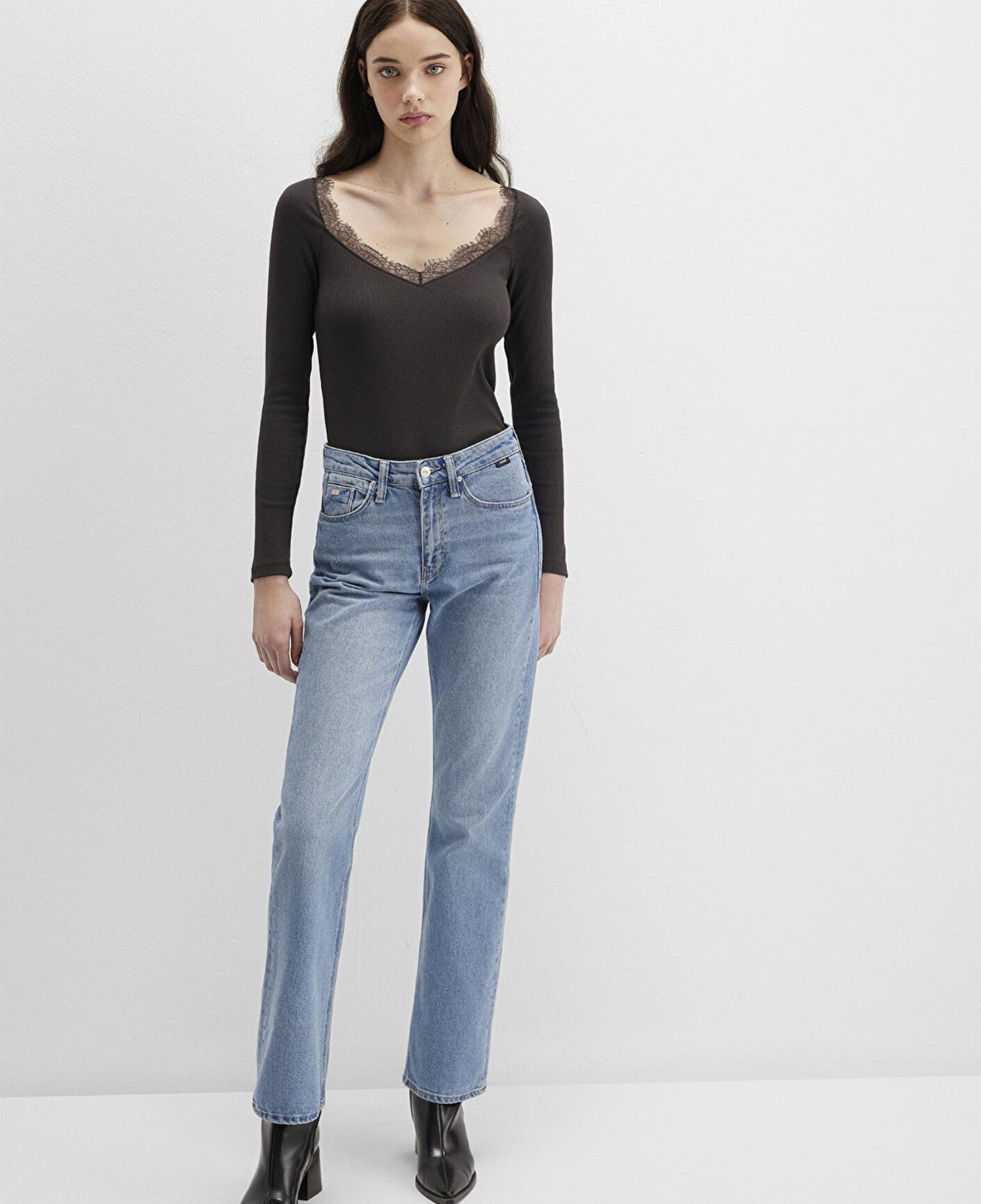 Mavi Uzun Kollu Kahverengi Tişört Fitted / Vücuda Oturan Kesim 1613851-70262