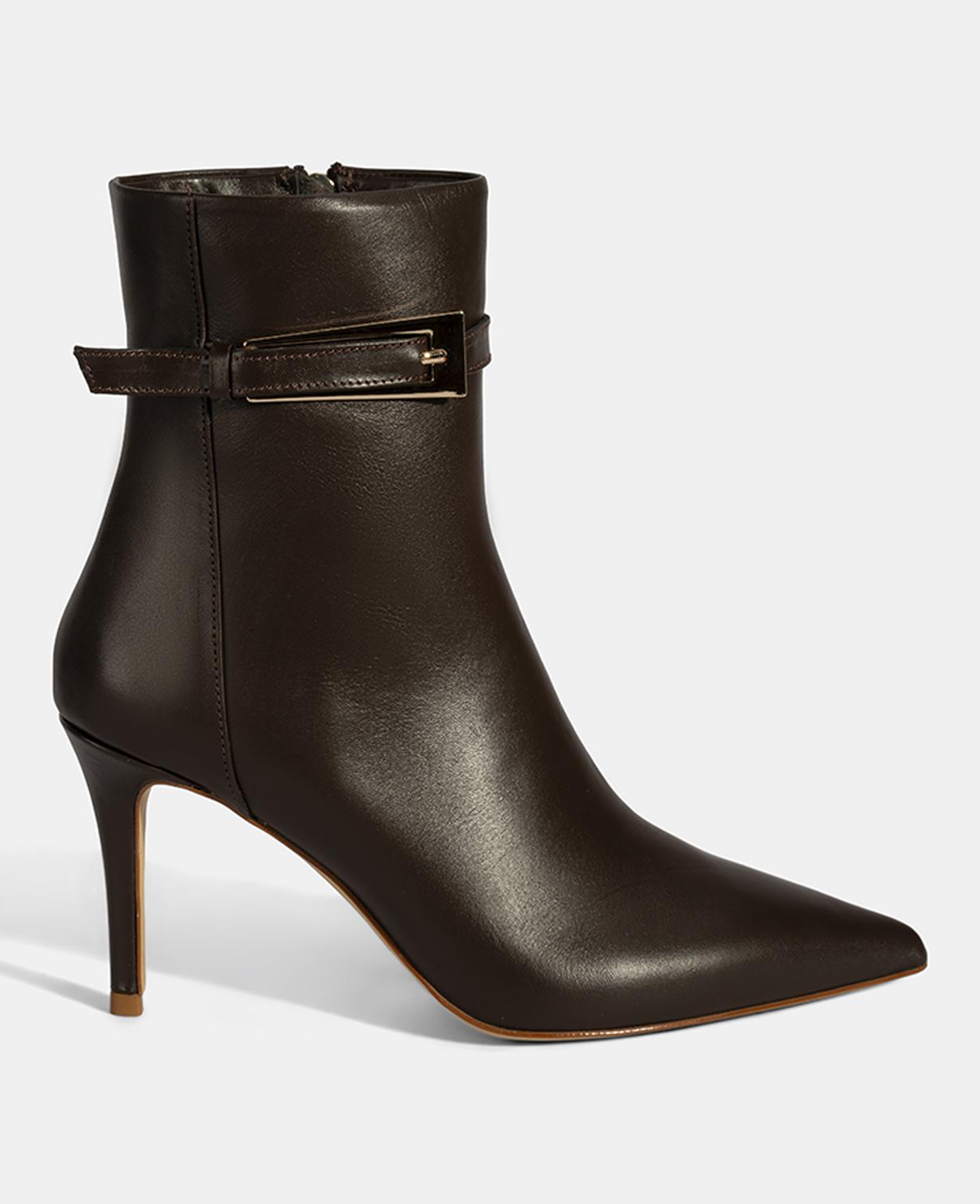 Kadın Kahve Metal Tokalı İnce Topuklu Deri Bot