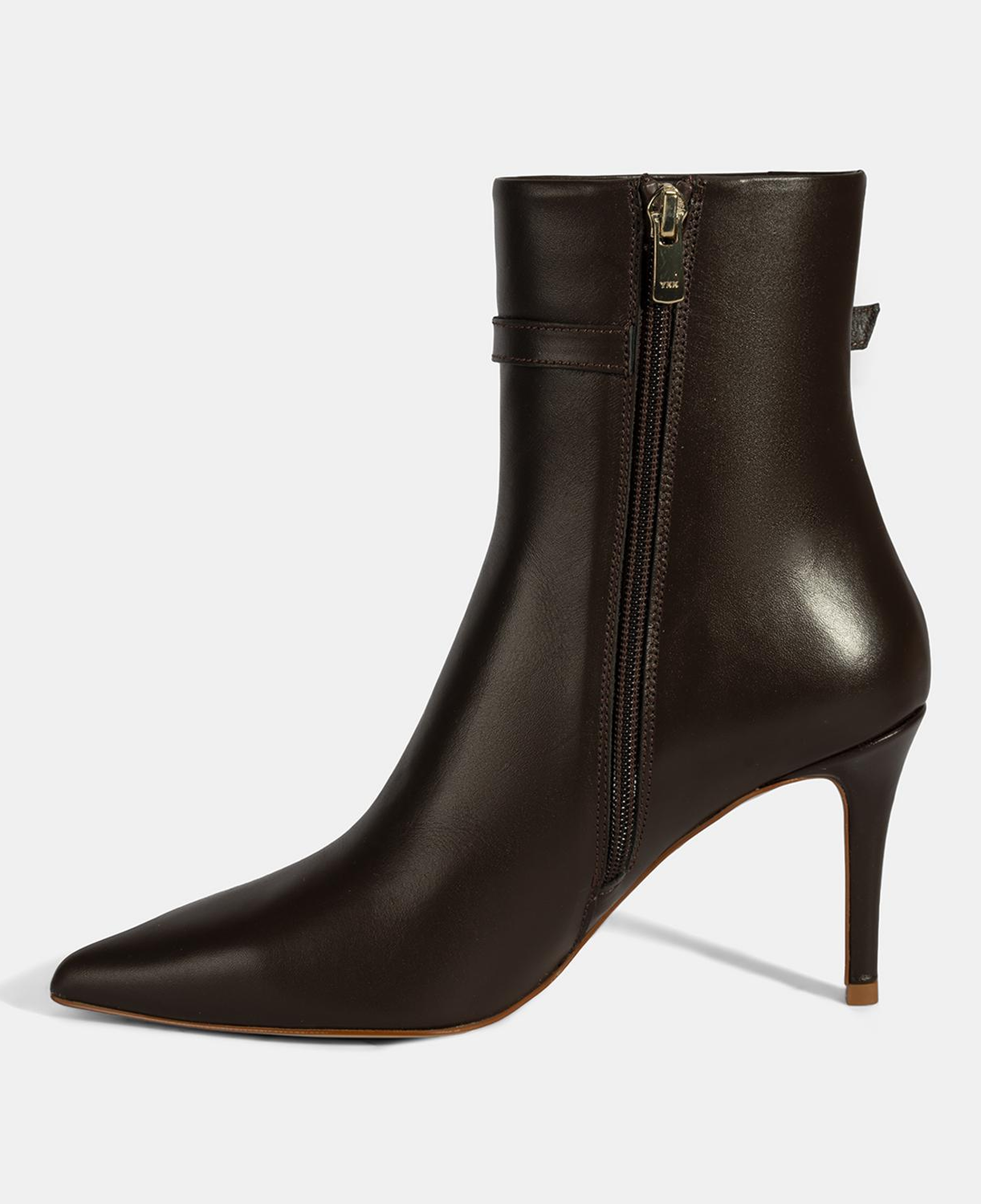 Kadın Kahve Metal Tokalı İnce Topuklu Deri Bot