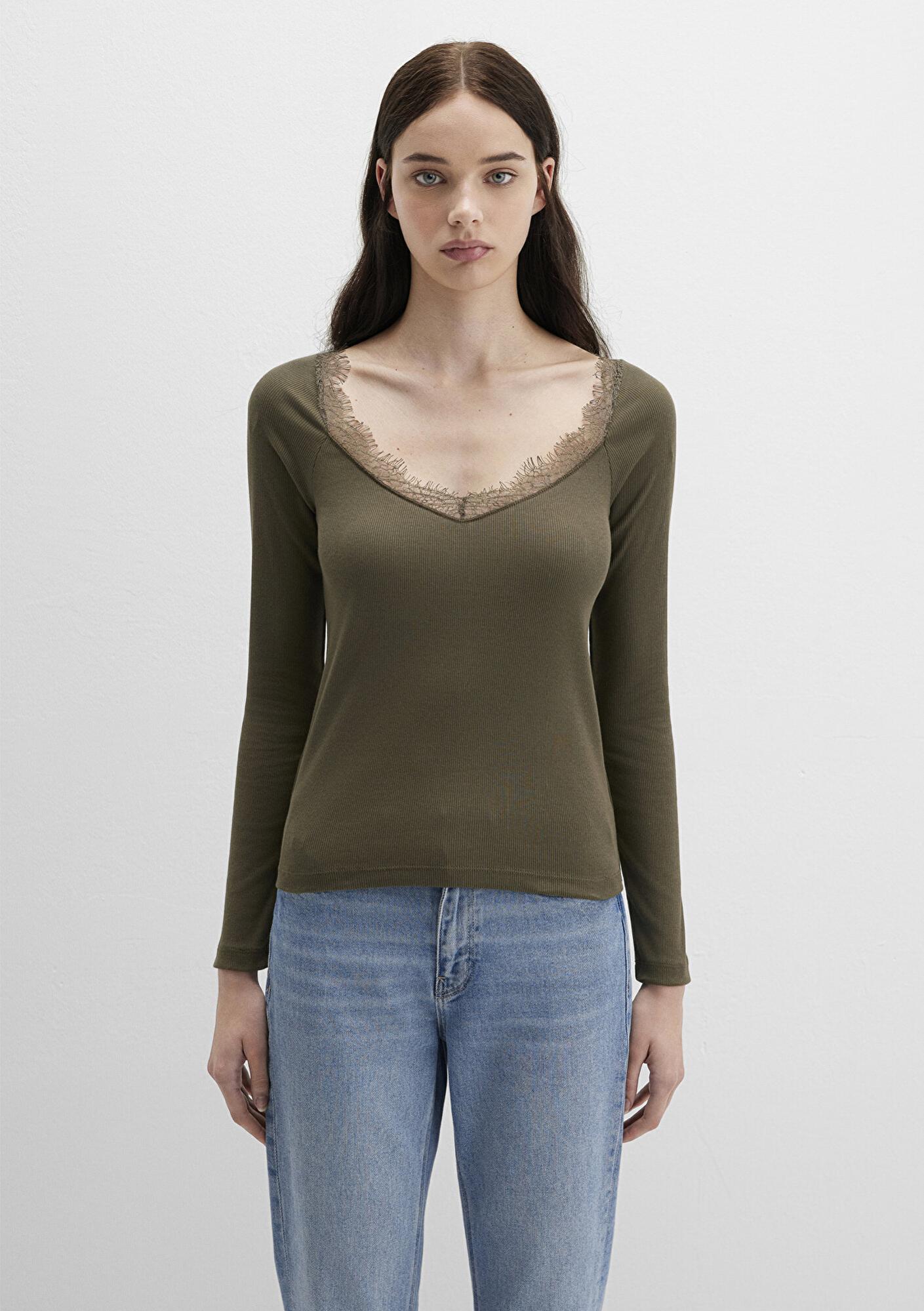 Mavi Uzun Kollu Haki Tişört Fitted / Vücuda Oturan Kesim 1613851-87538