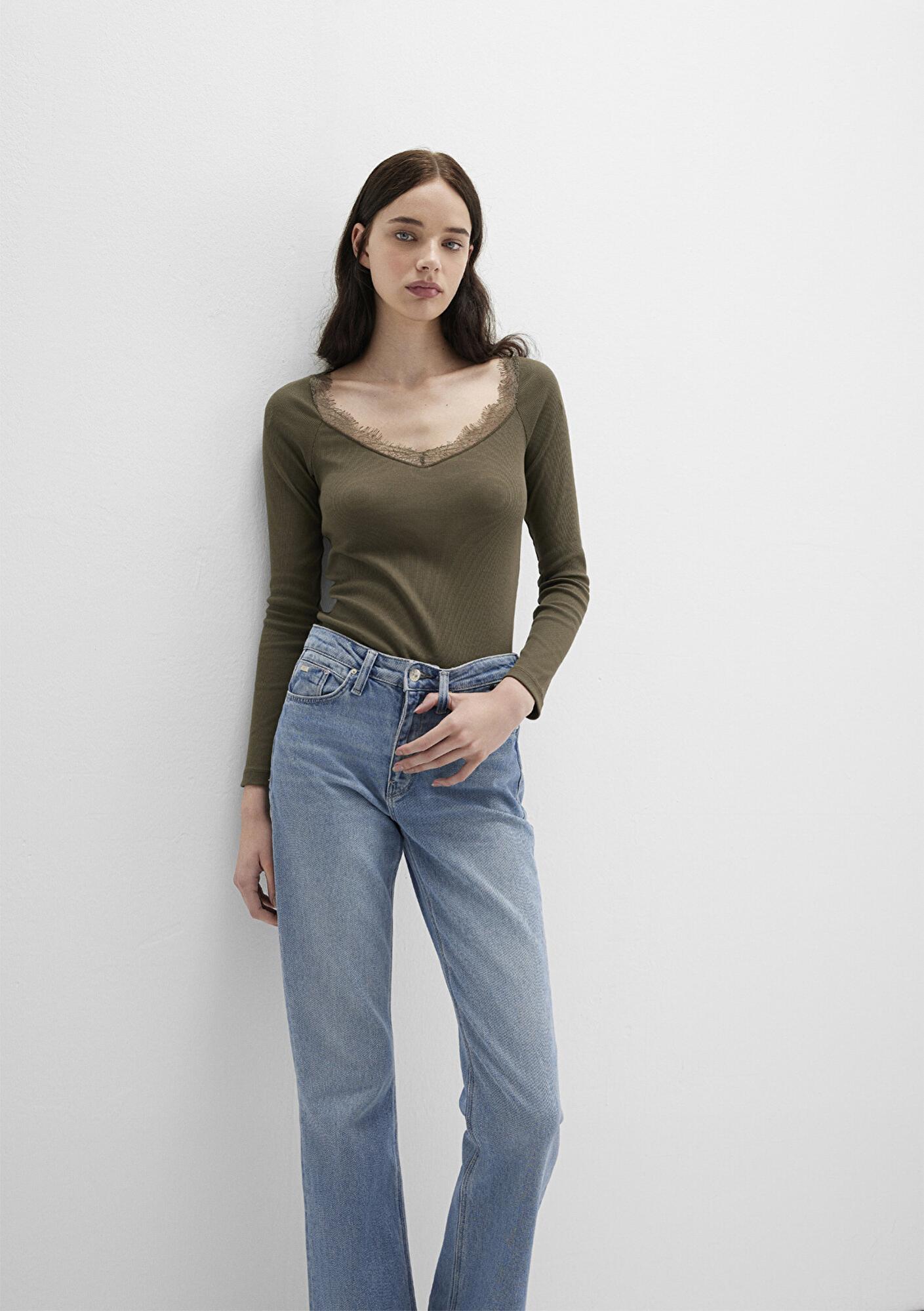 Mavi Uzun Kollu Haki Tişört Fitted / Vücuda Oturan Kesim 1613851-87538