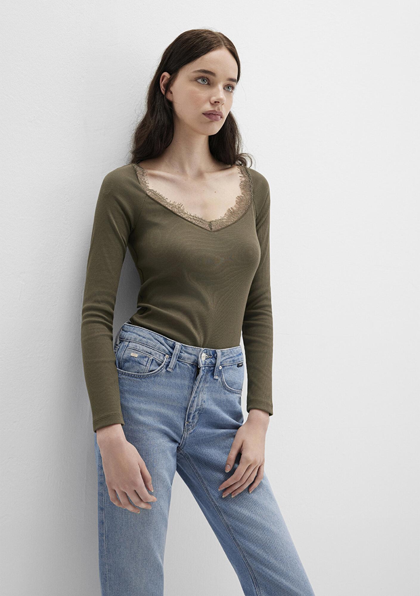 Mavi Uzun Kollu Haki Tişört Fitted / Vücuda Oturan Kesim 1613851-87538