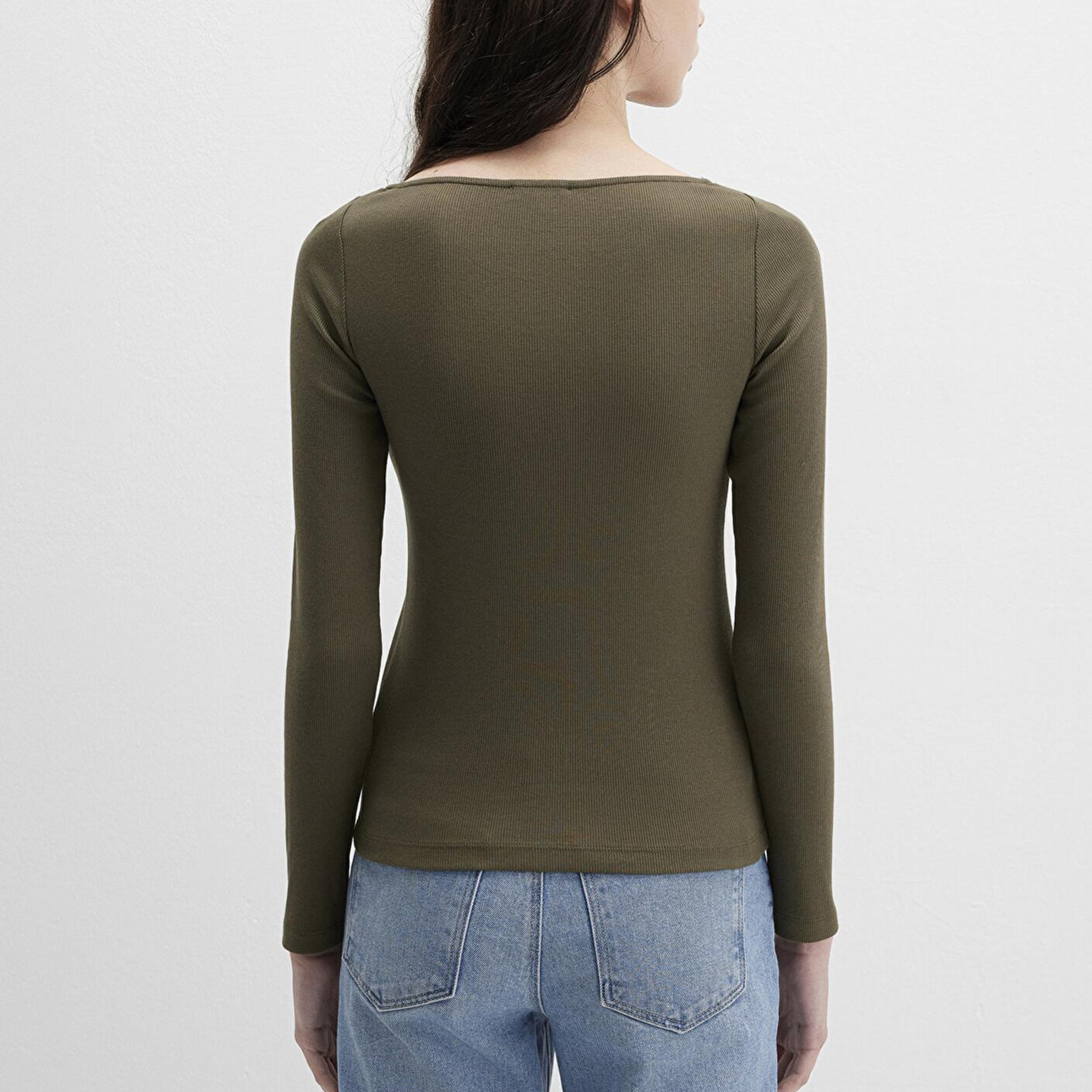 Mavi Uzun Kollu Haki Tişört Fitted / Vücuda Oturan Kesim 1613851-87538