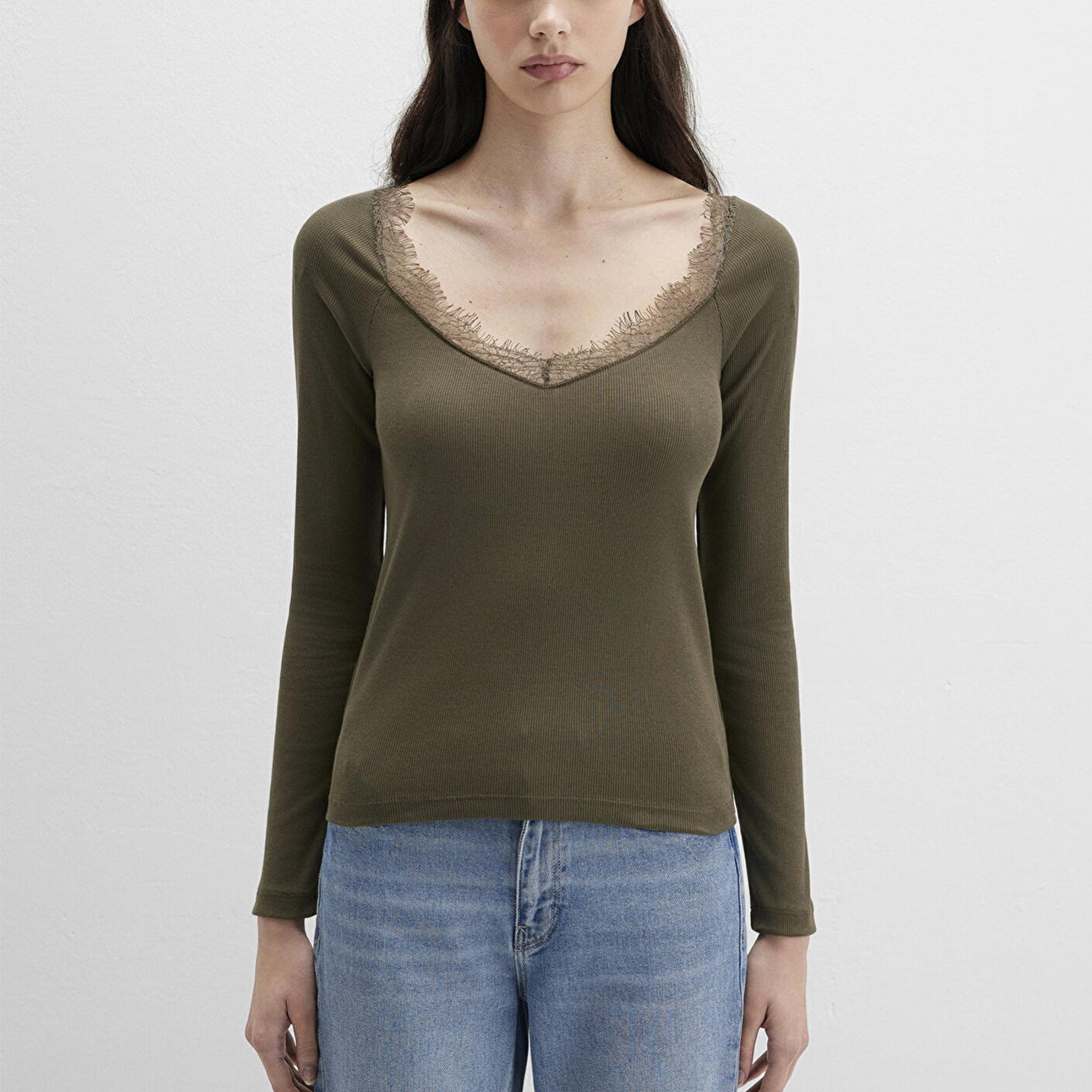 Mavi Uzun Kollu Haki Tişört Fitted / Vücuda Oturan Kesim 1613851-87538