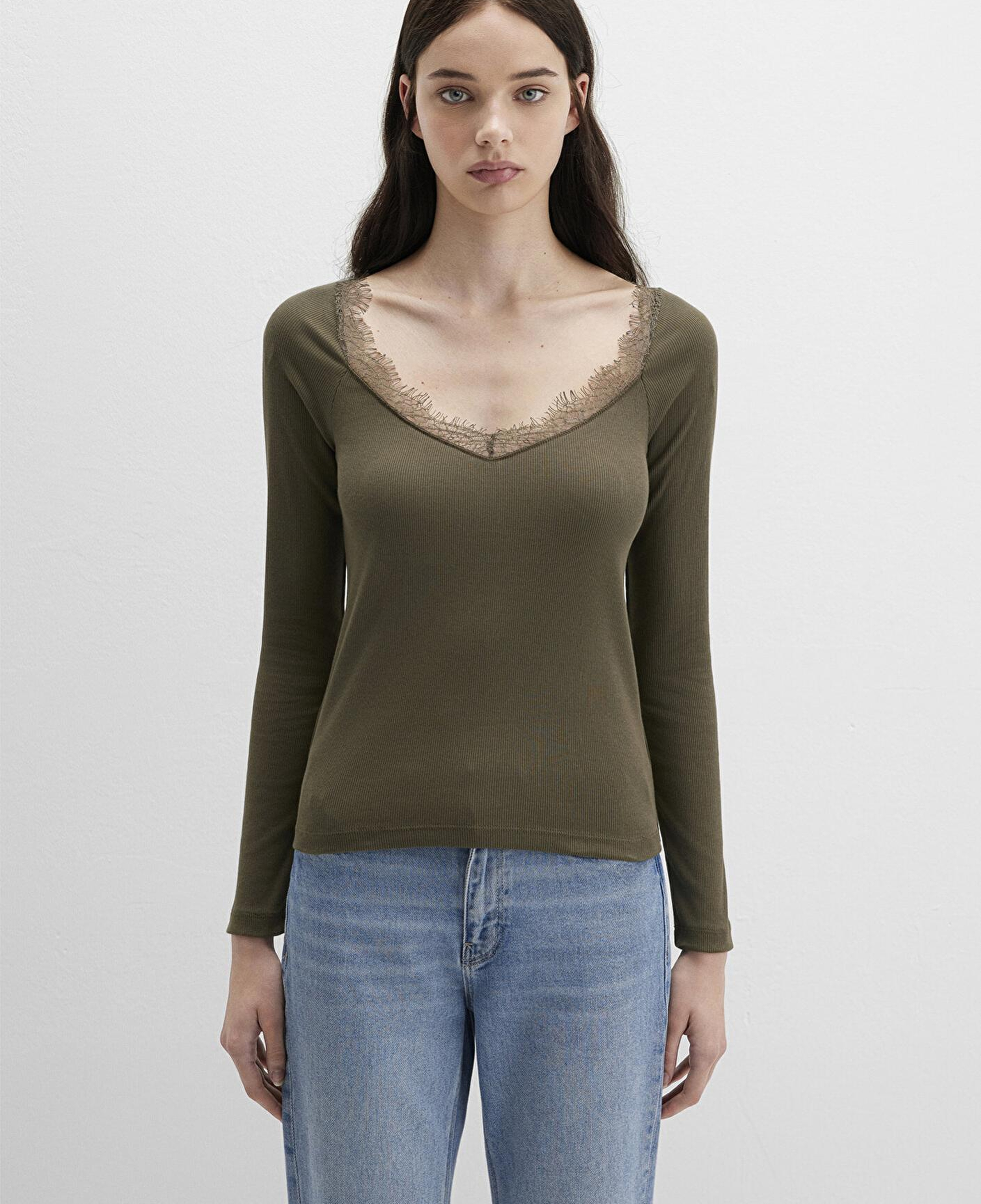 Mavi Uzun Kollu Haki Tişört Fitted / Vücuda Oturan Kesim 1613851-87538