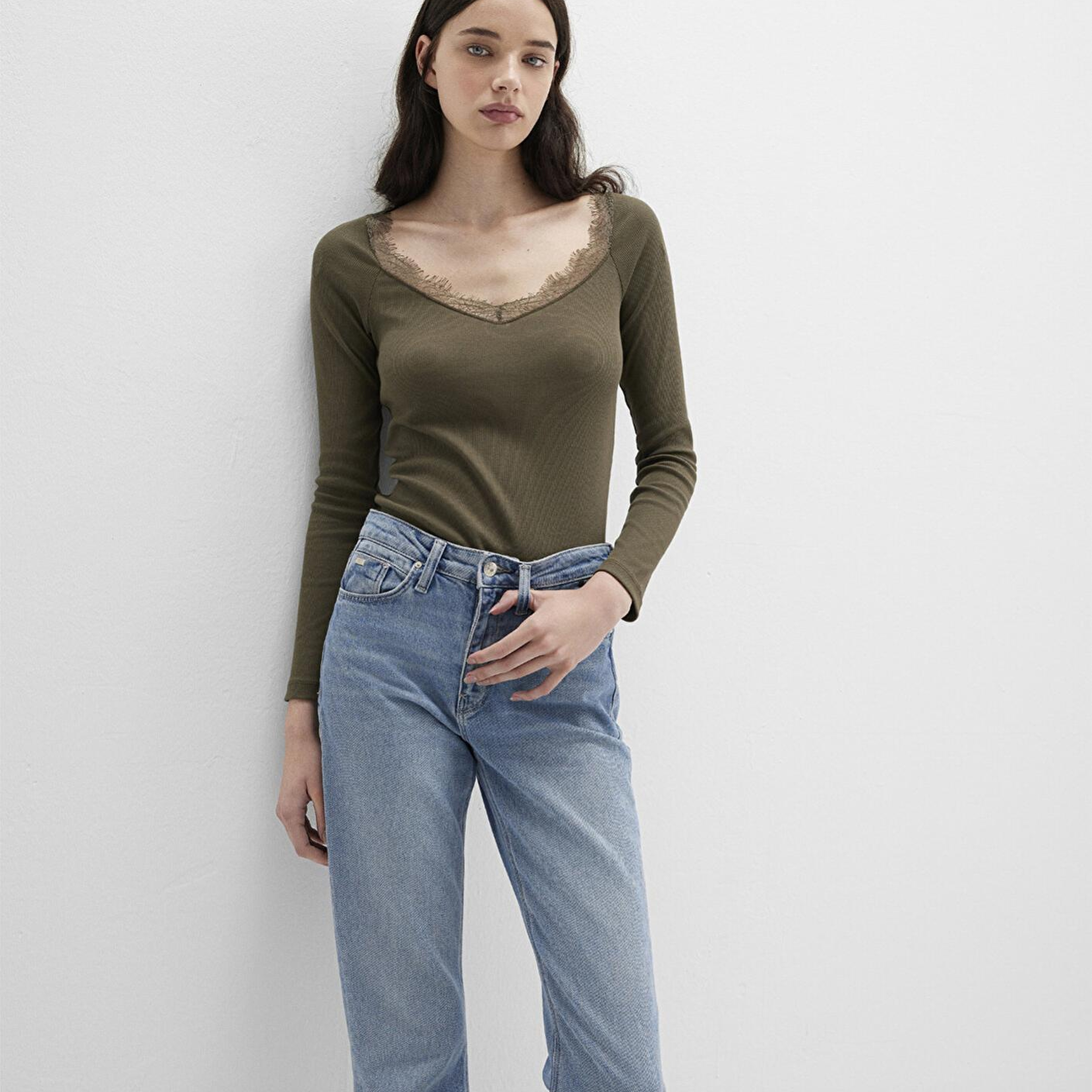 Mavi Uzun Kollu Haki Tişört Fitted / Vücuda Oturan Kesim 1613851-87538